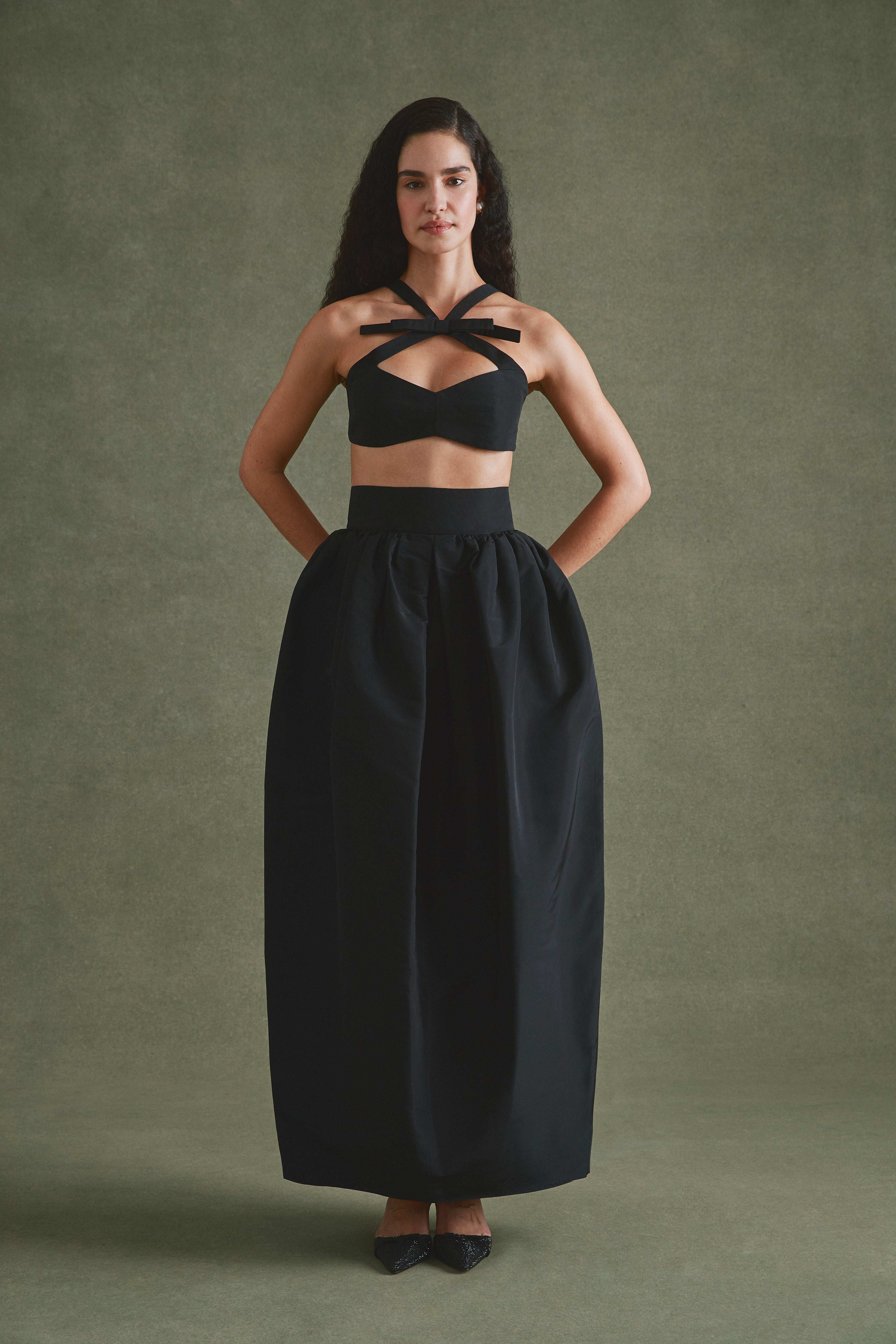 Alexandra Pijut Olivia Bow Set. Skirt and bra top with bow in silk falle. Wedding guest, black tie outfit.