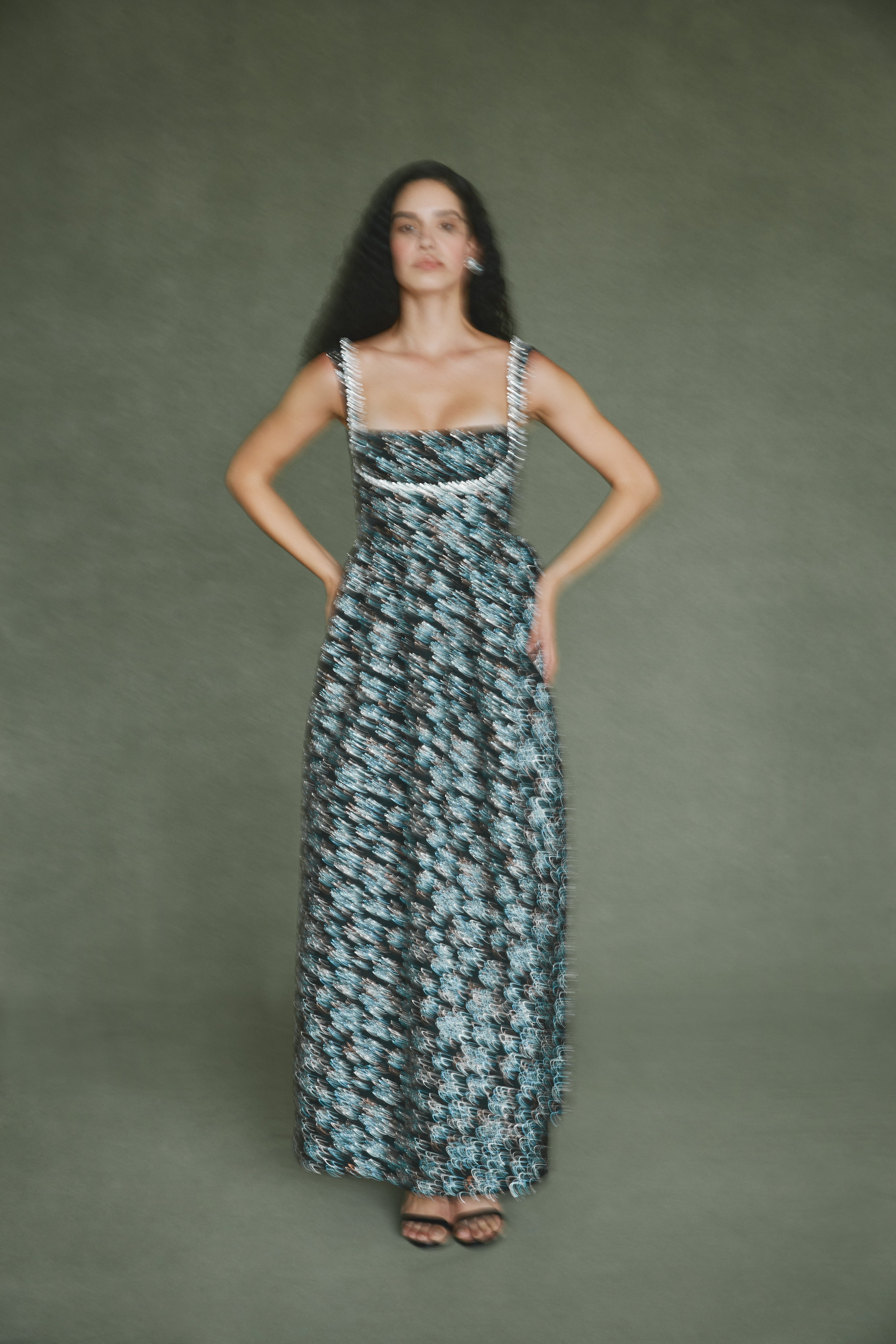 Alexandra Pijut Coupe Dress. Metallic Blue Brocade ankle length dress. Black tie, wedding guest, gala dress. 