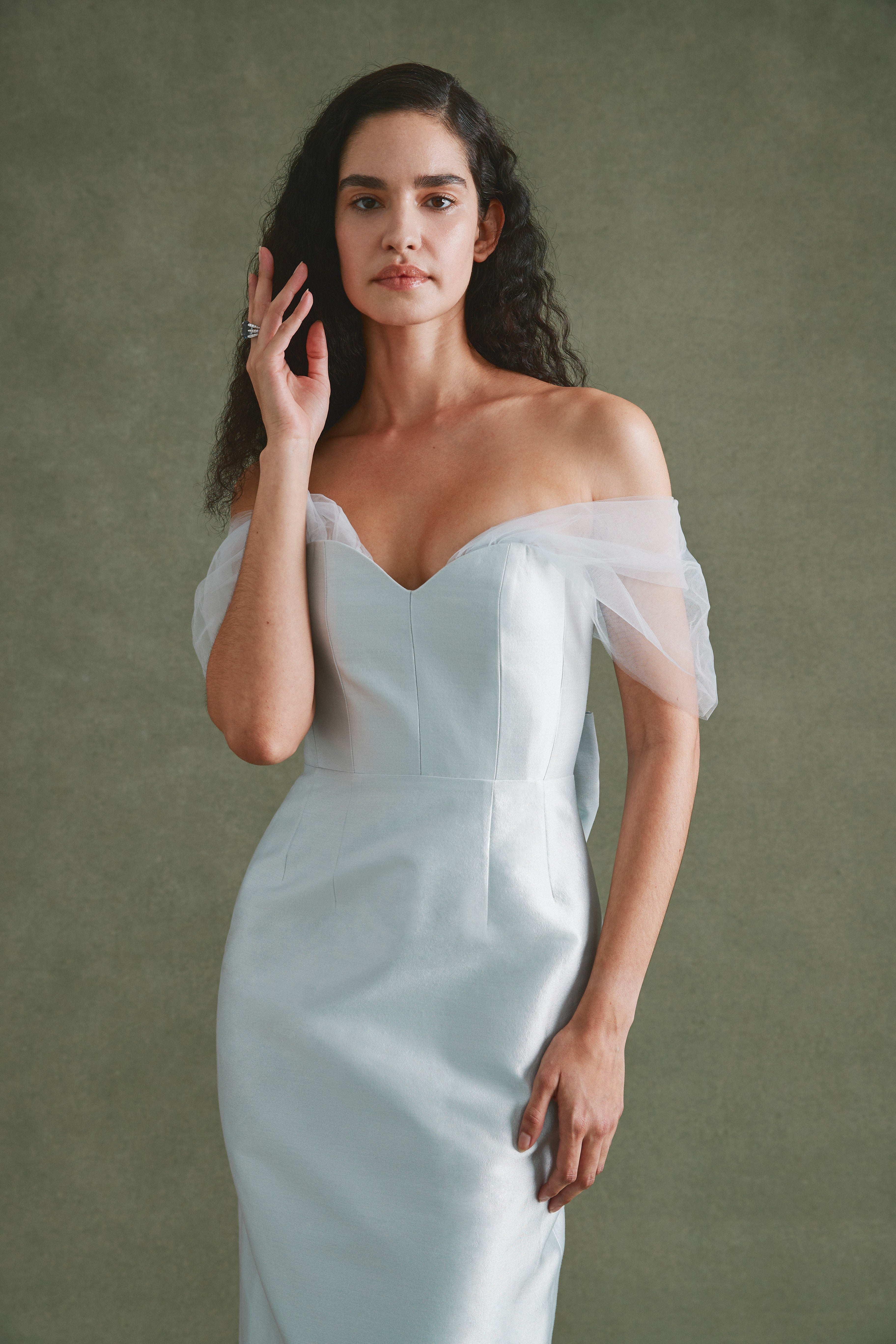 Alexandra Pijut Sylvie Dress in light blue silk wool with tulle sleeves. Midi dress, wedding guest, black tie, bridal, outfit. Mother of the bride, groom.