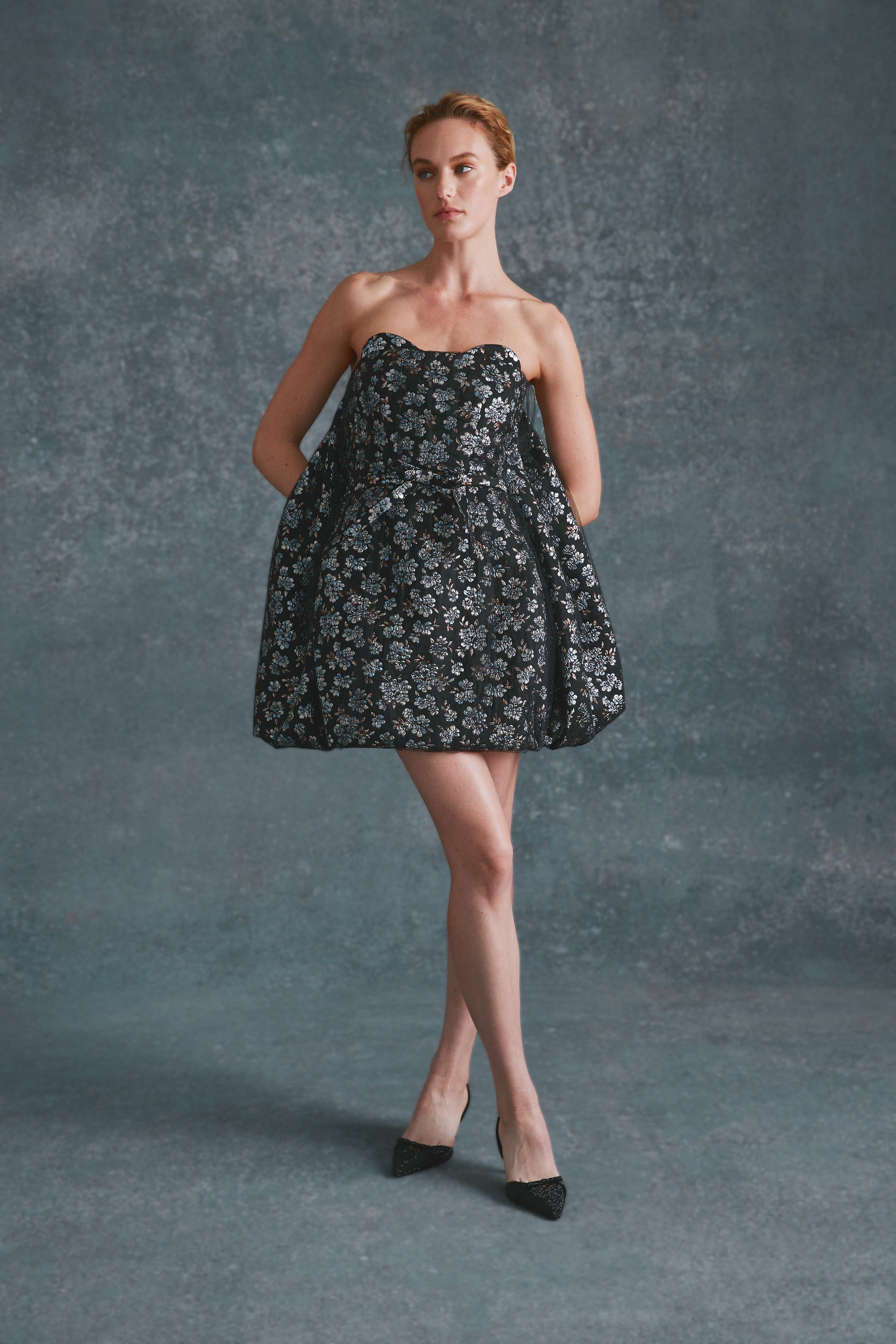Alexandra Pijut Cloud Dress. Metallic Blue, Black, Silver Brocade mini dress with watteau hem. Cocktail party dress.