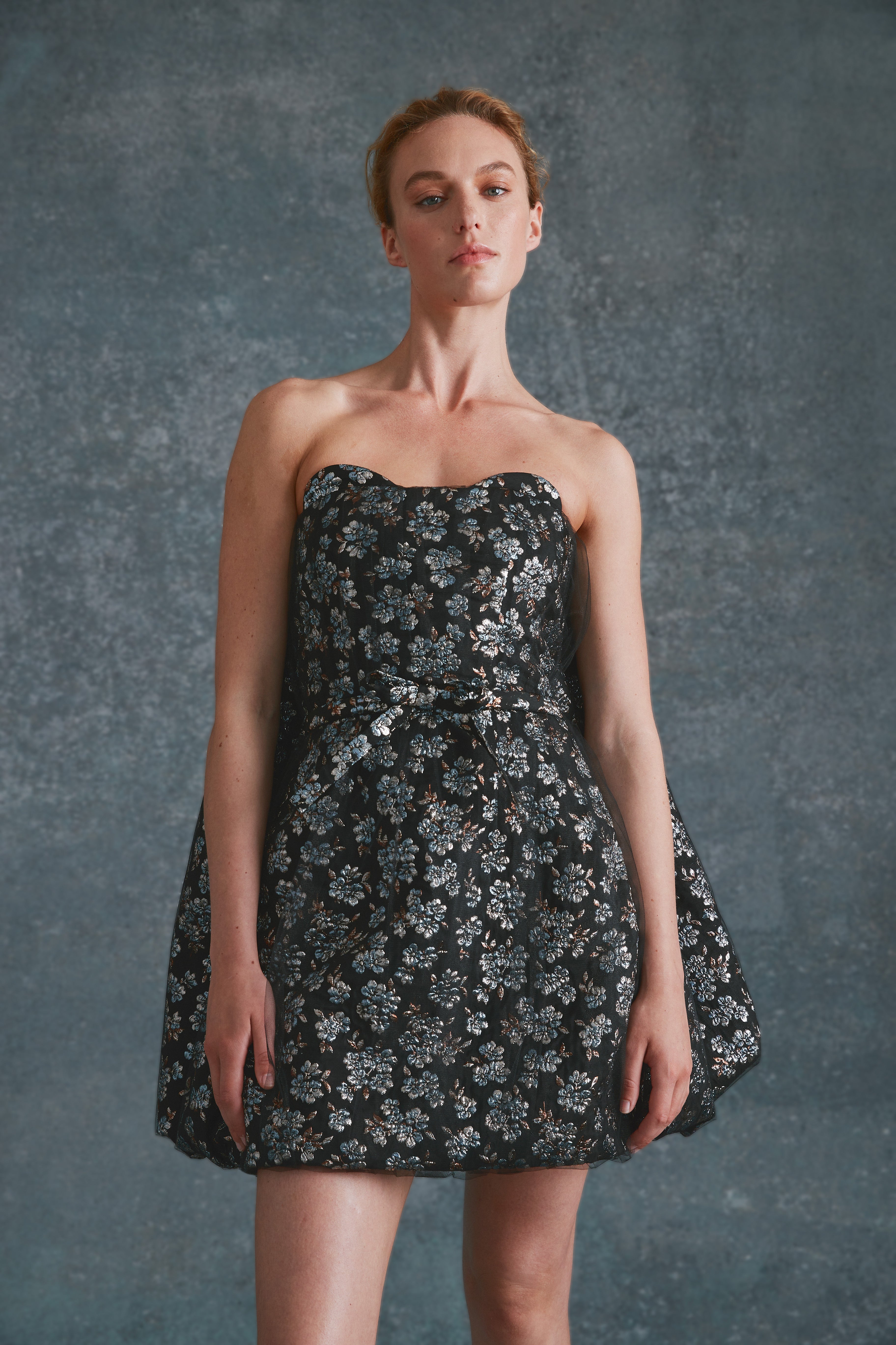 Alexandra Pijut Cloud Dress. Metallic Blue, Black, Silver Brocade mini dress with watteau hem. Cocktail party dress.