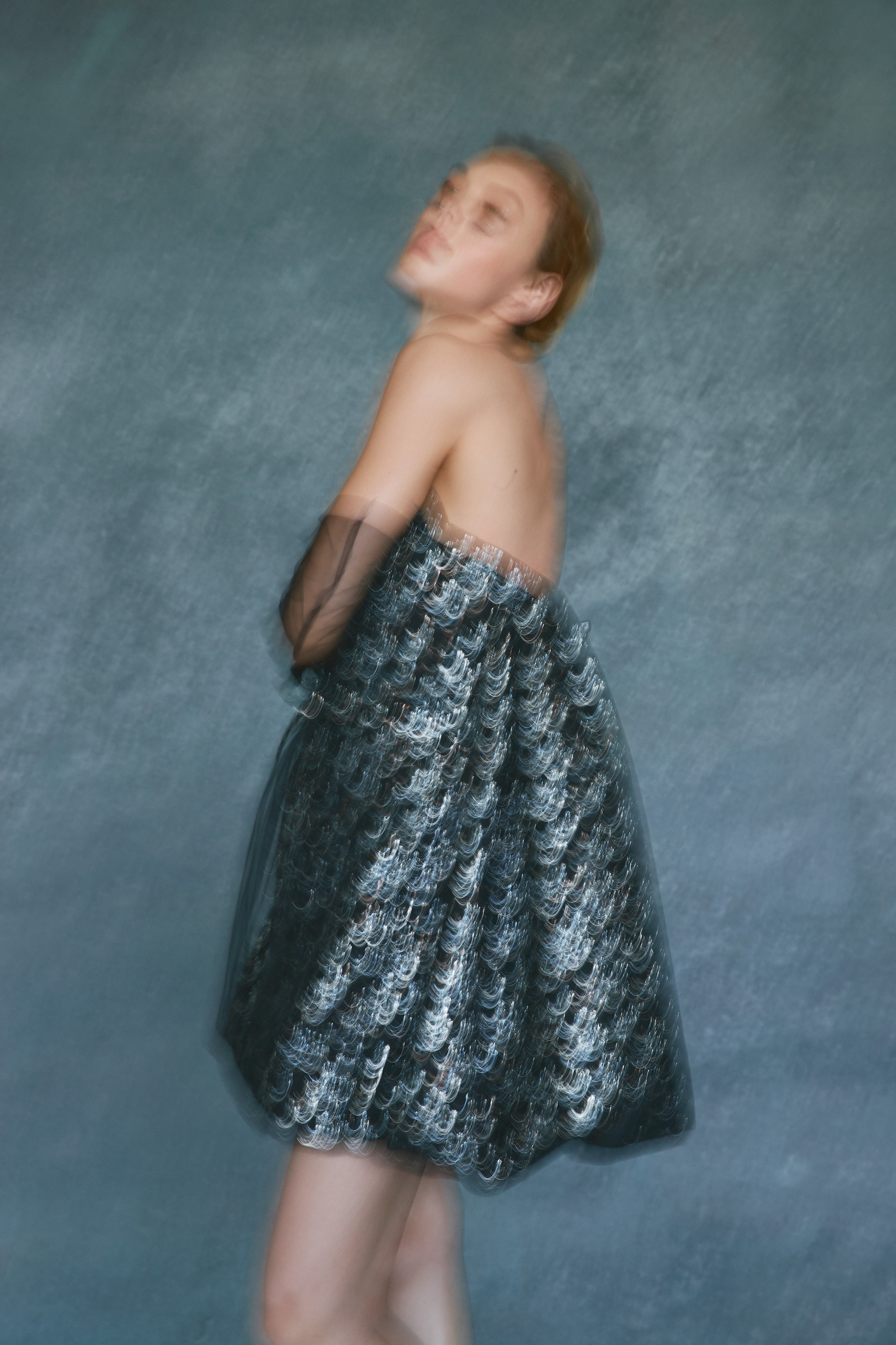 Alexandra Pijut Cloud Dress. Metallic Blue, Black, Silver Brocade mini dress with watteau hem. Cocktail party dress.