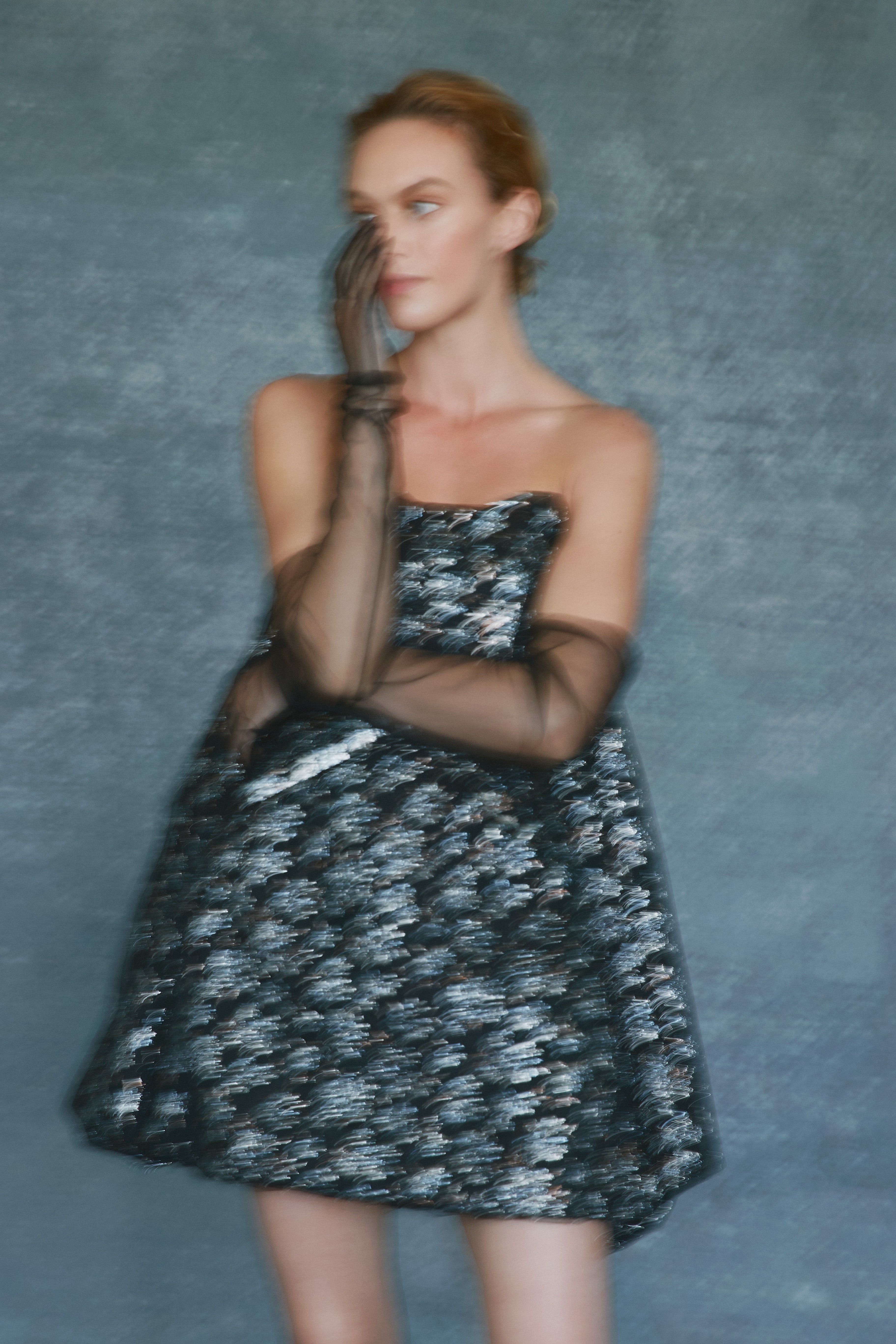 Alexandra Pijut Cloud Dress. Metallic Blue, Black, Silver Brocade mini dress with watteau hem. Cocktail party dress. 