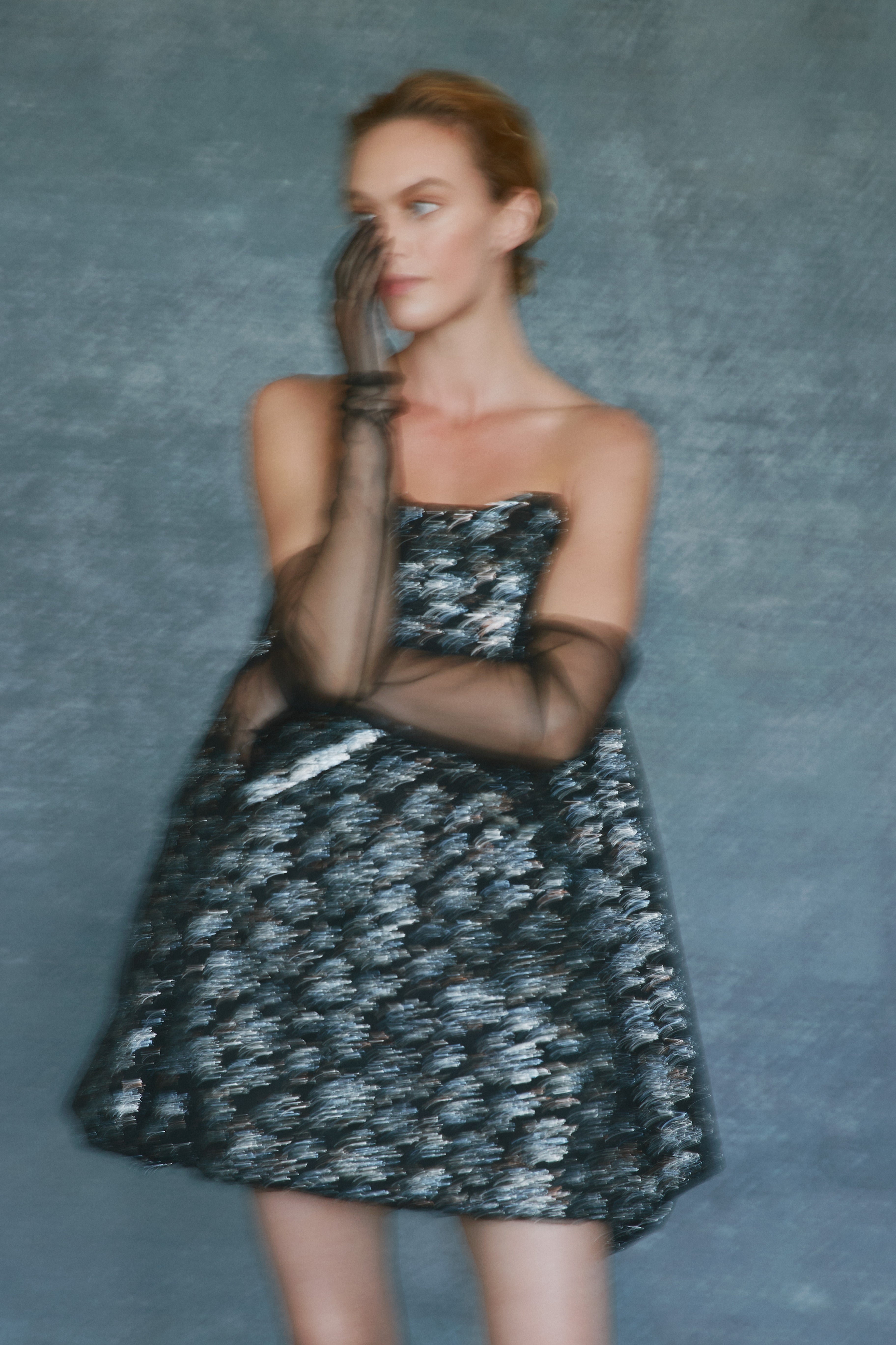 Alexandra Pijut Cloud Dress. Metallic Blue, Black, Silver Brocade mini dress with watteau hem. Cocktail party dress.