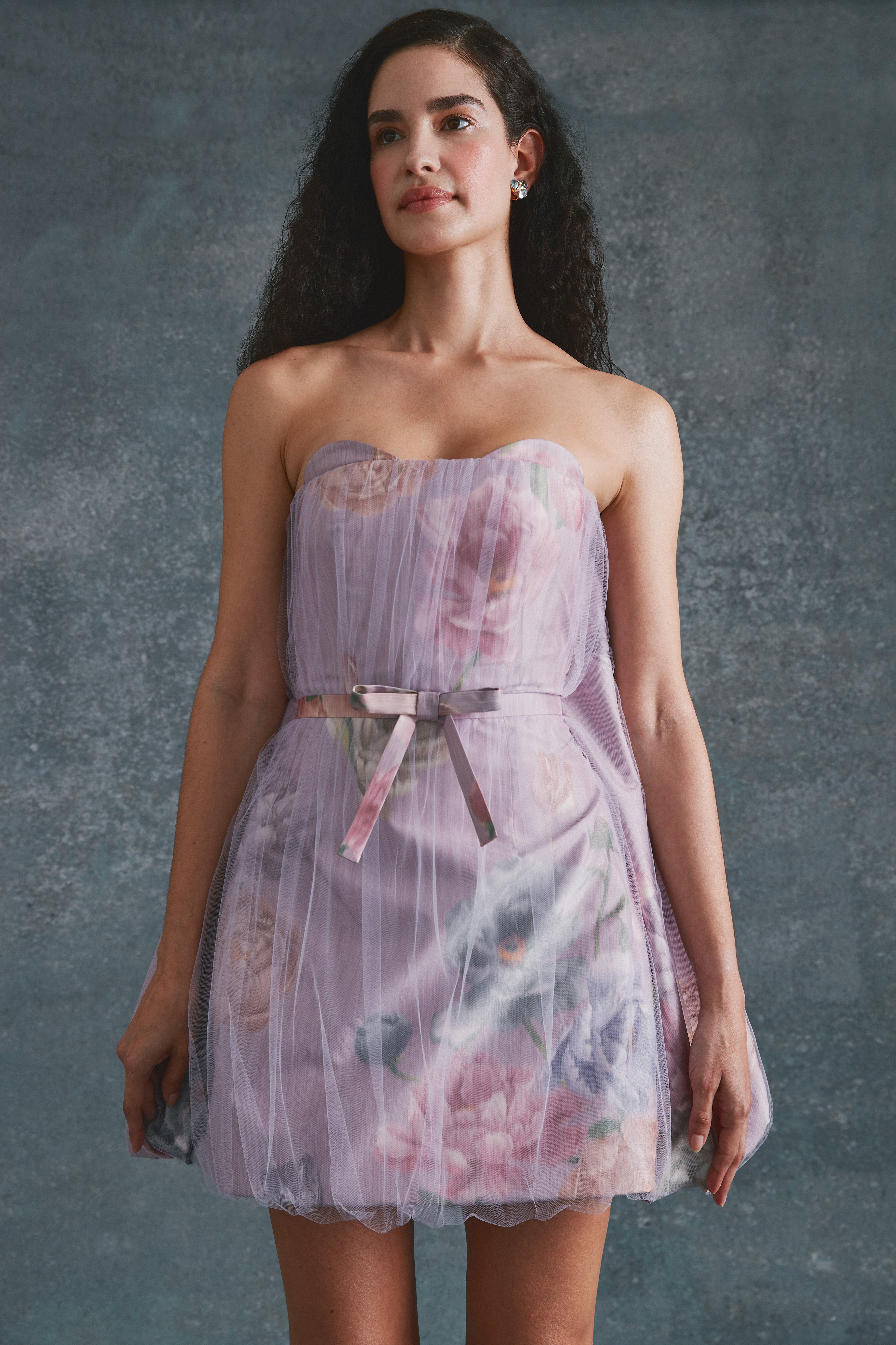 Alexandra Pijut Cloud Dress. Purple, Floral Taffeta mini dress with watteau hem. Cocktail party outfit.