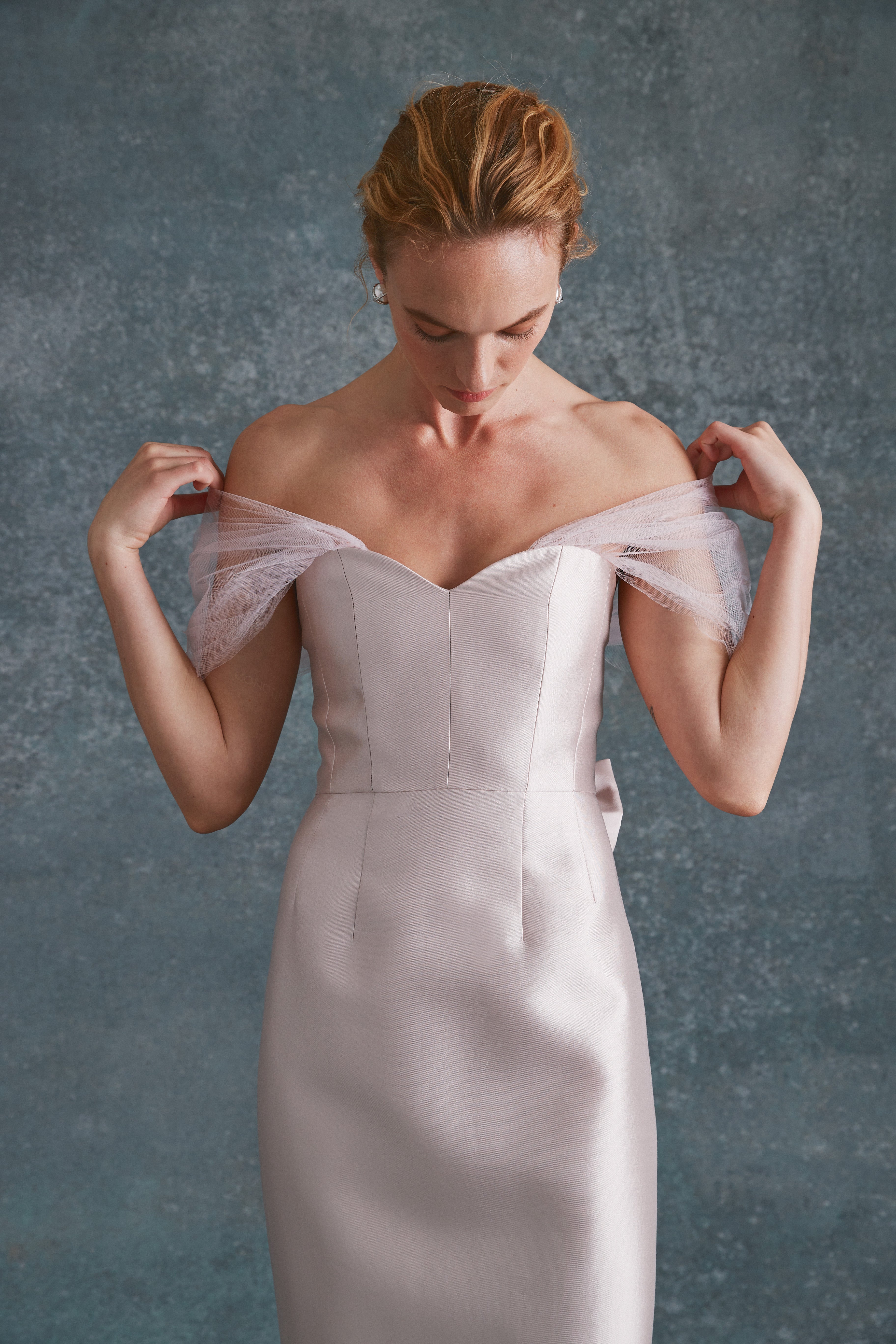 Alexandra Pijut Sylvie Dress in pink silk wool with tulle sleeves. Midi dress, wedding guest, black tie, bridal, outfit. Mother of the bride, groom.