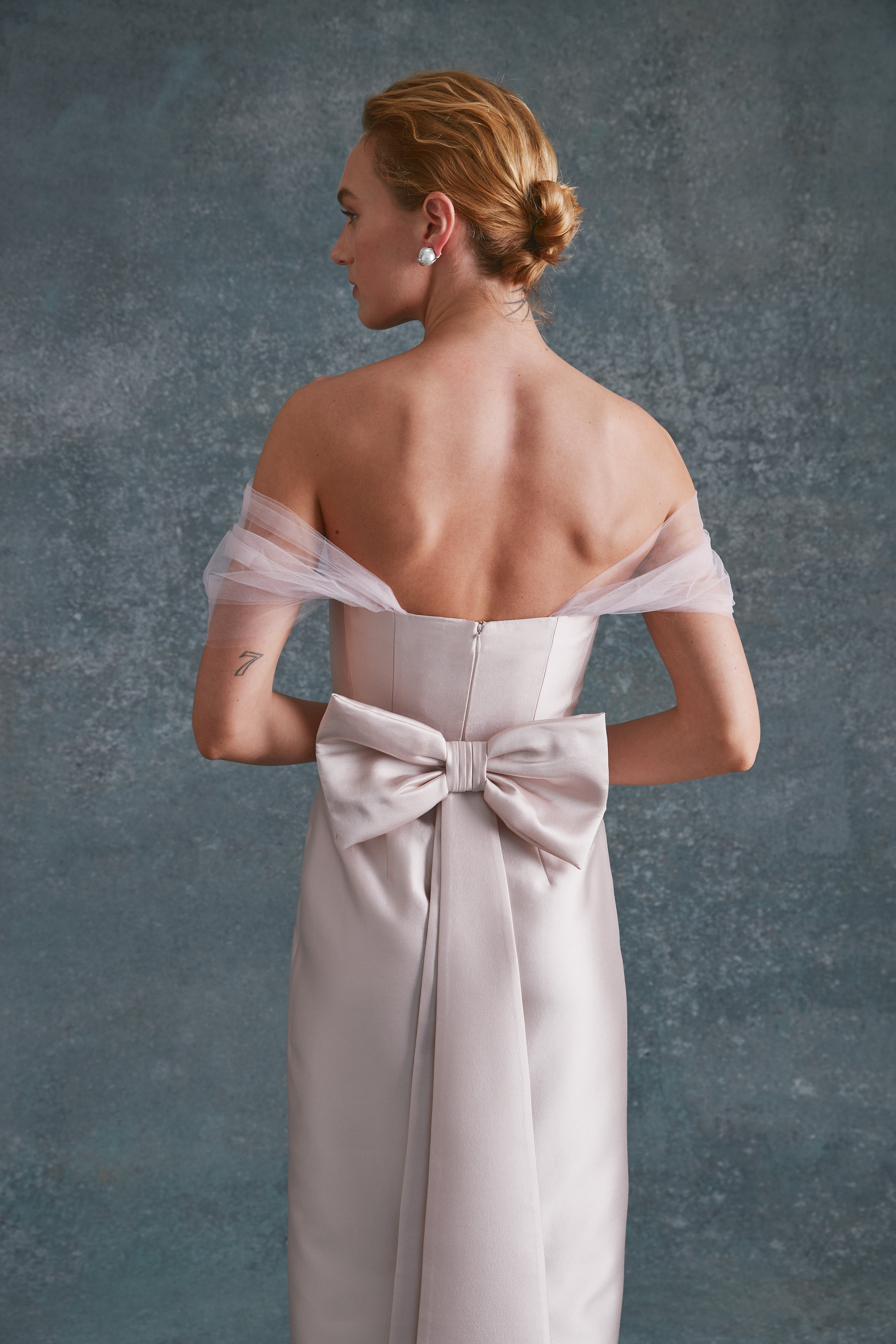 Alexandra Pijut Sylvie Dress in pink silk wool with tulle sleeves. Midi dress, wedding guest, black tie, bridal, outfit.  Mother of the bride, groom.