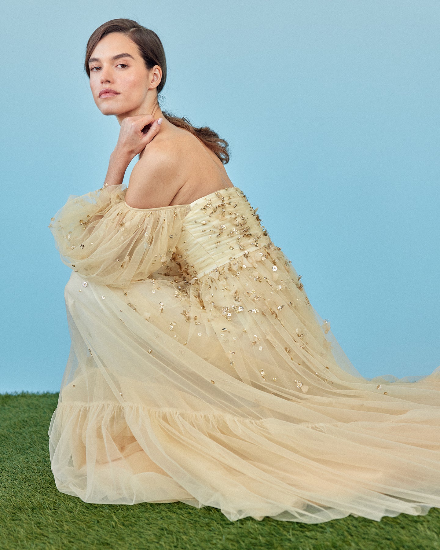 Priyanka Gown in Gold Tulle with Sporadic Sequins