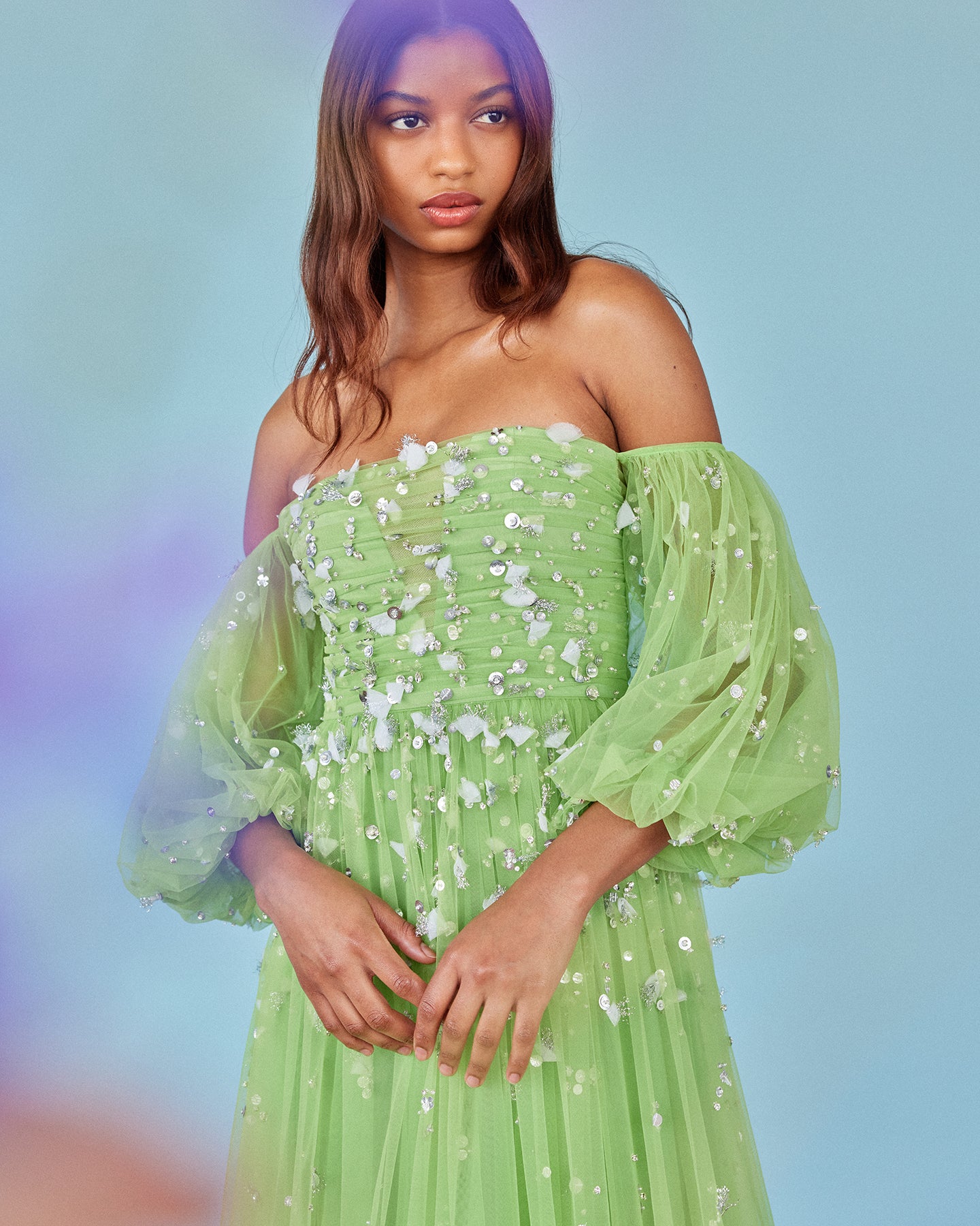 Priyanka Gown in Parakeet Tulle with Sporadic Sequins Priyanka Gown in Parakeet Tulle with Sporadic Sequins