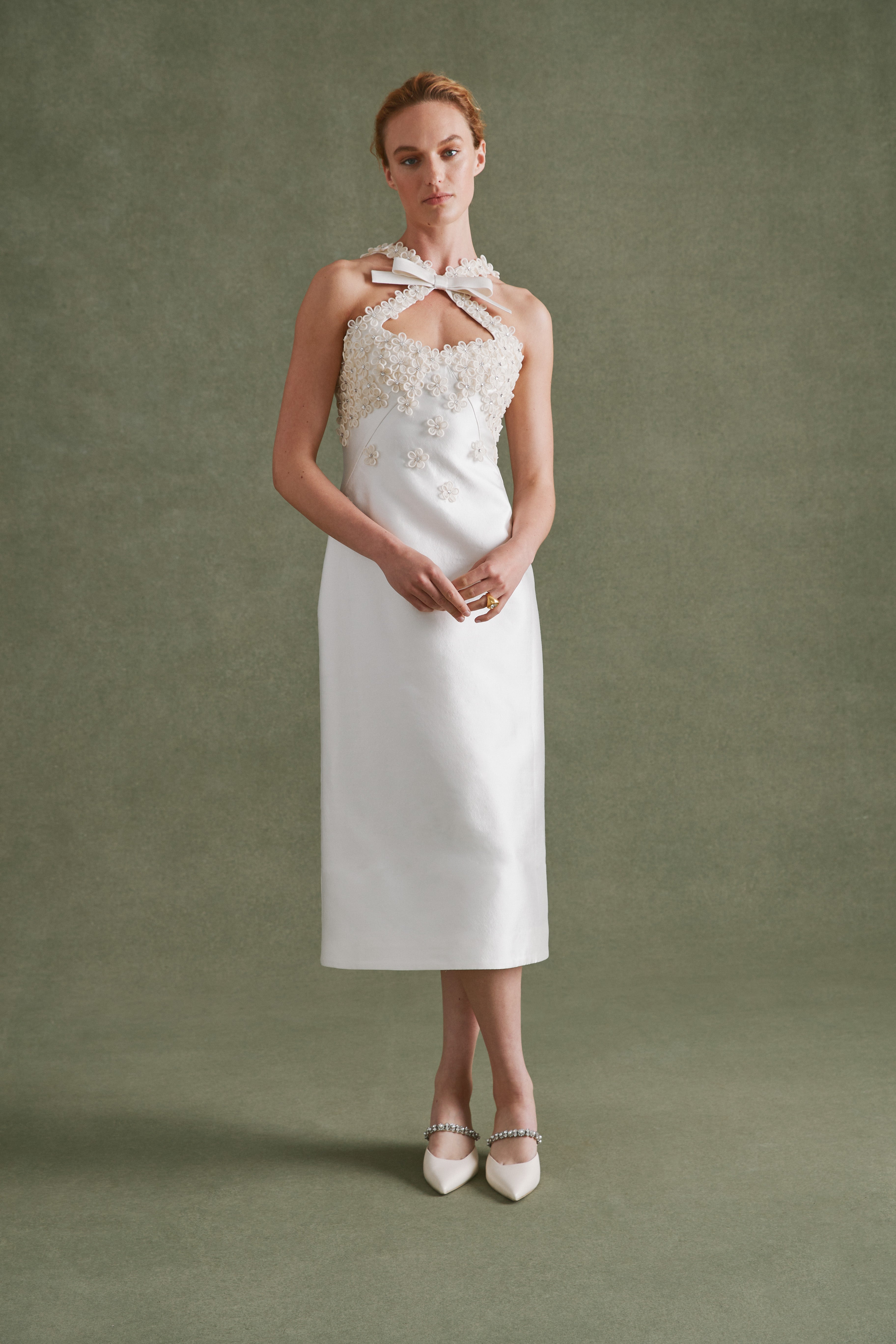 Alexandra Pijut Delphine Dress. Ivory silk wool bridal dress with bow and flower beading. Midi dress. Rehearsal dinner, wedding dress, welcome dinner, after party dress.