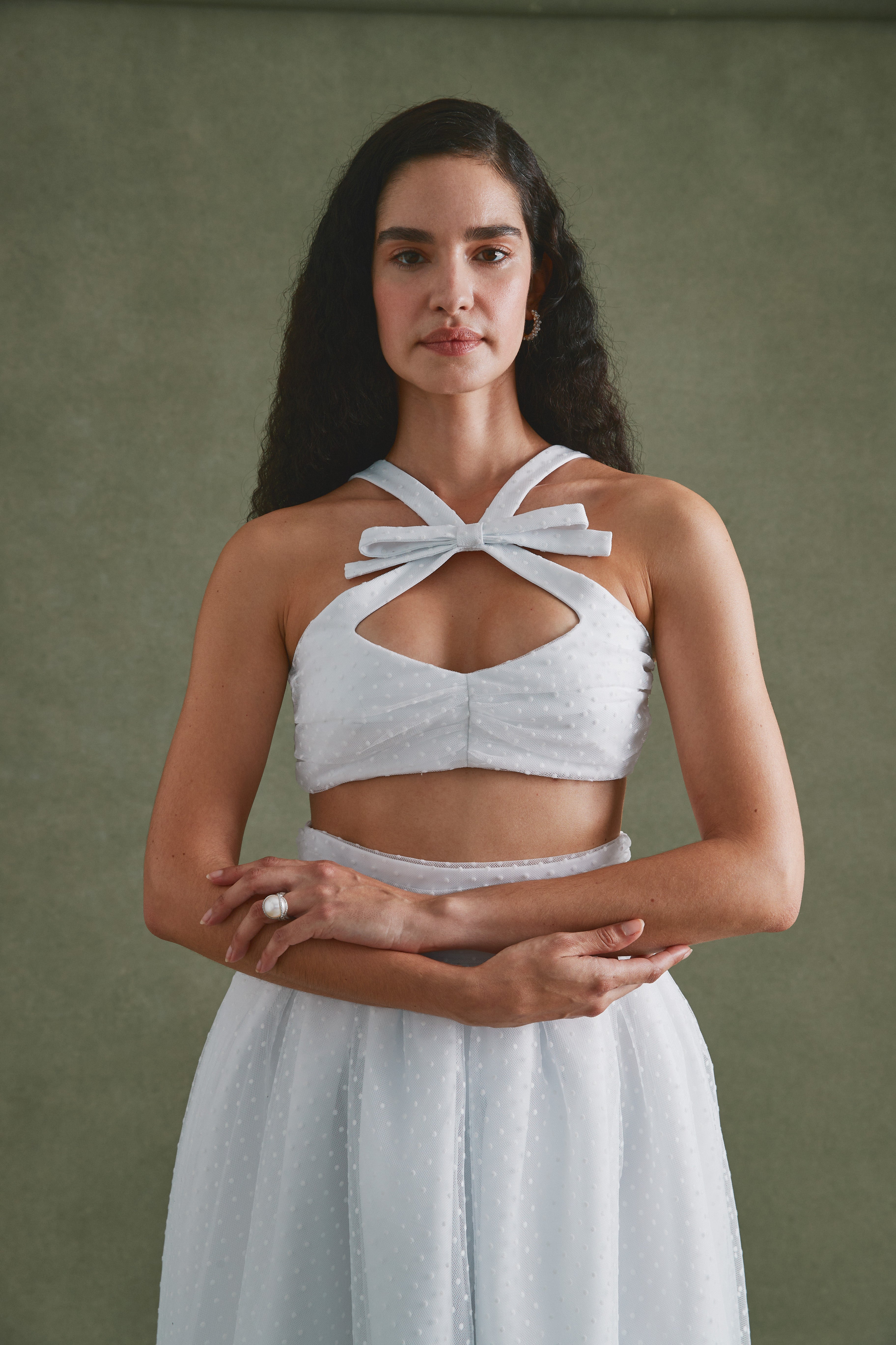 Alexandra Pijut Olivia Bow Set. Skirt and bra top with bow in polka dot, flocked tulle. Bridal, wedding dress, bride, rehearsal dinner, after party outfit.