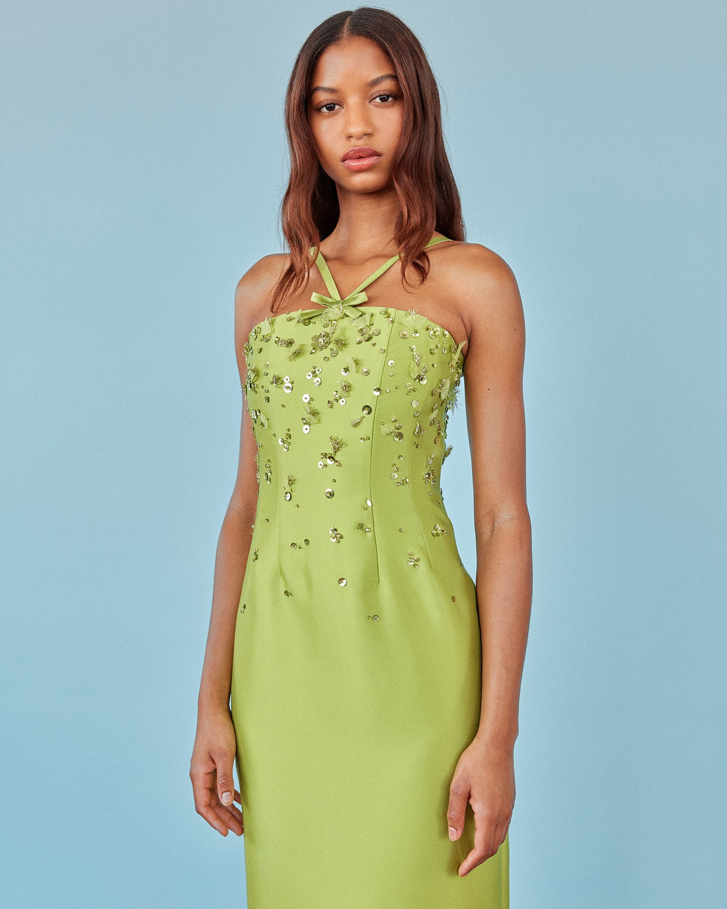 Sofia Dress in Lime Silk Wool with Sporadic Sequins