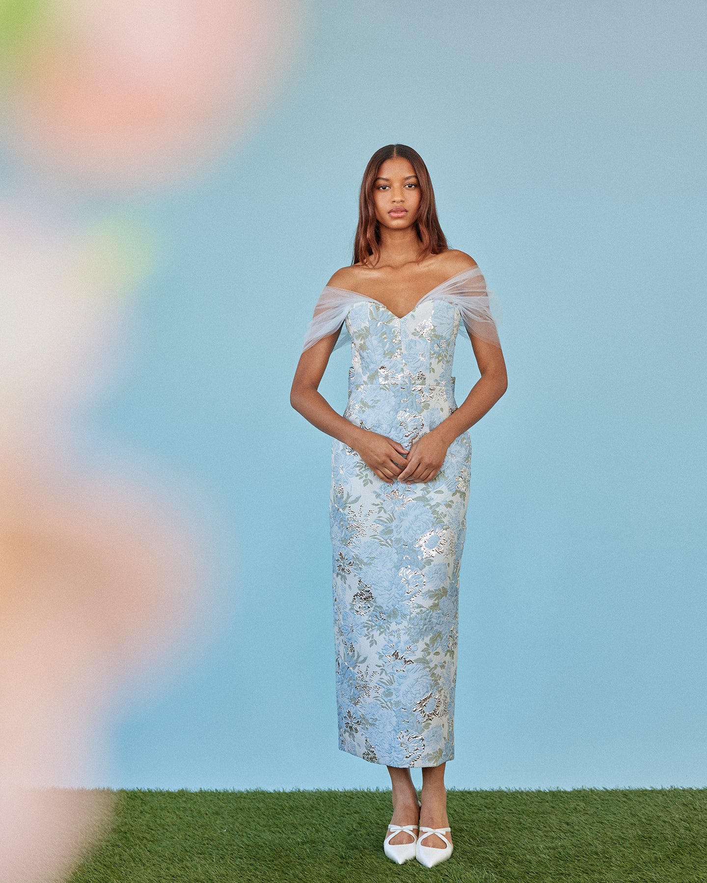 Sylvie Dress in Light Blue Floral Brocade Sylvie Dress in Light Blue Floral Brocade