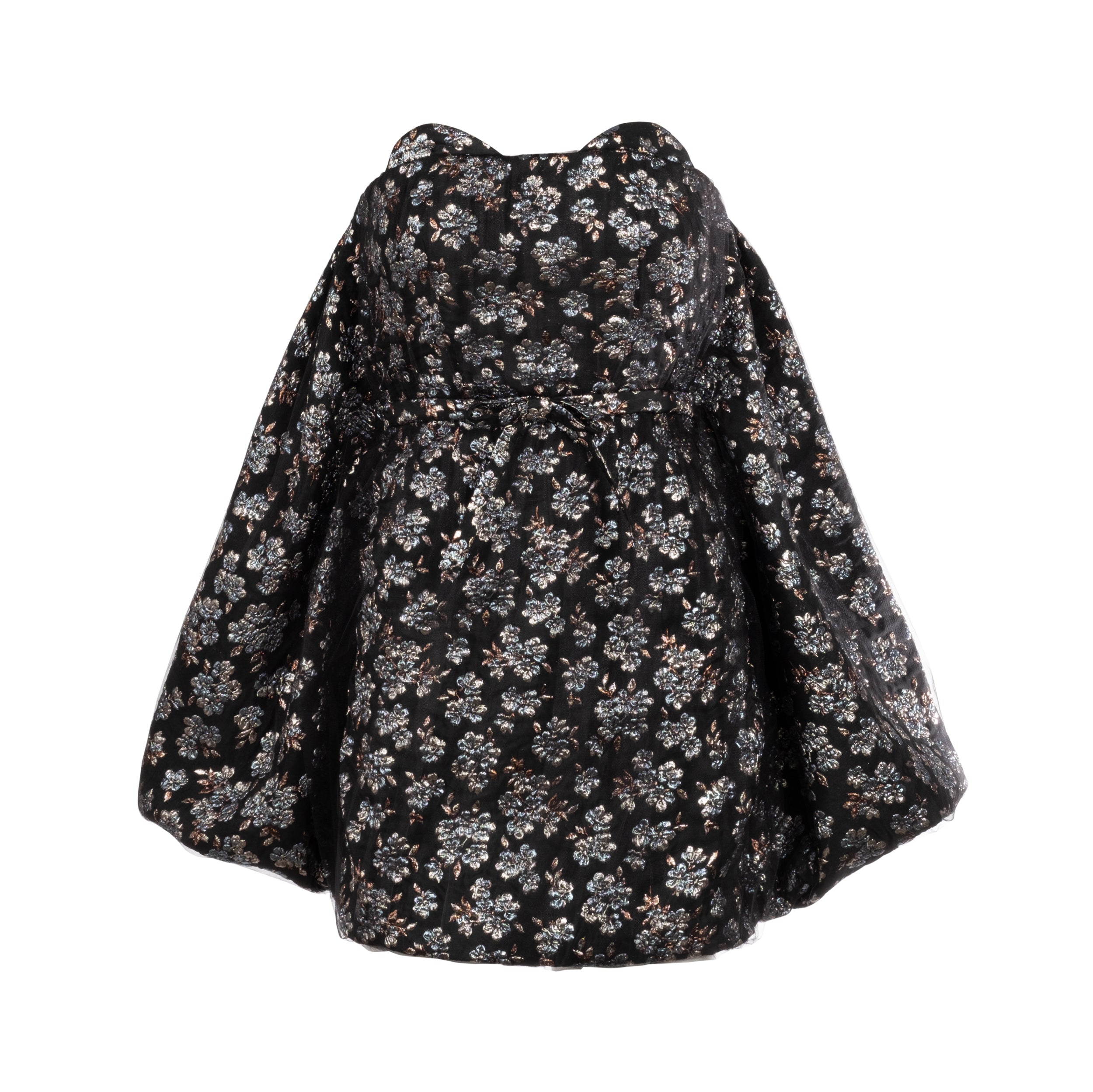 Alexandra Pijut Cloud Dress. Metallic Blue, Black, Silver Brocade mini dress with watteau hem. Cocktail party dress.