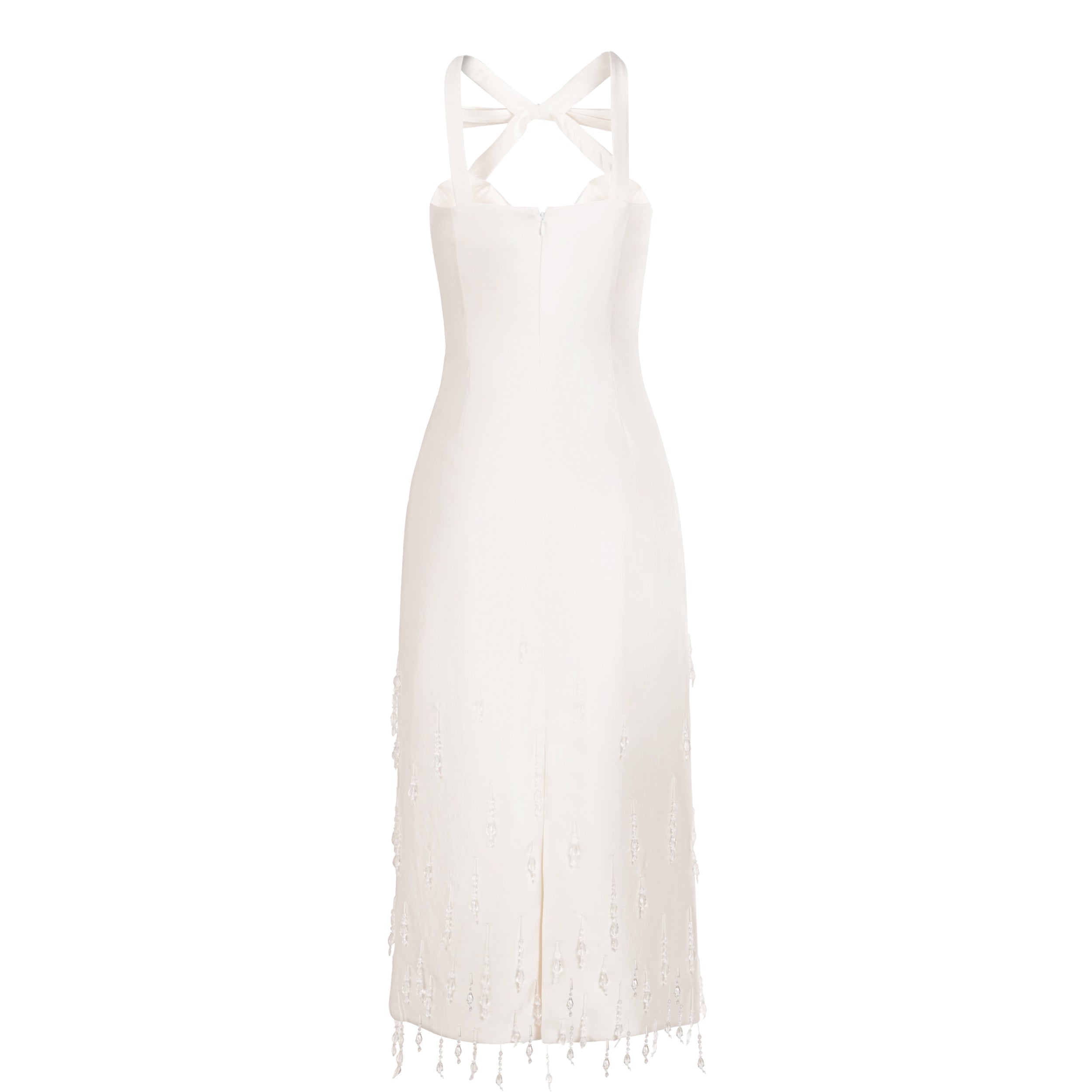 Alexandra Pijut Delphine Dress. Ivory silk wool bridal dress with bow and beading. Midi dress. Rehearsal dinner, wedding dress, welcome dinner, after party dress.