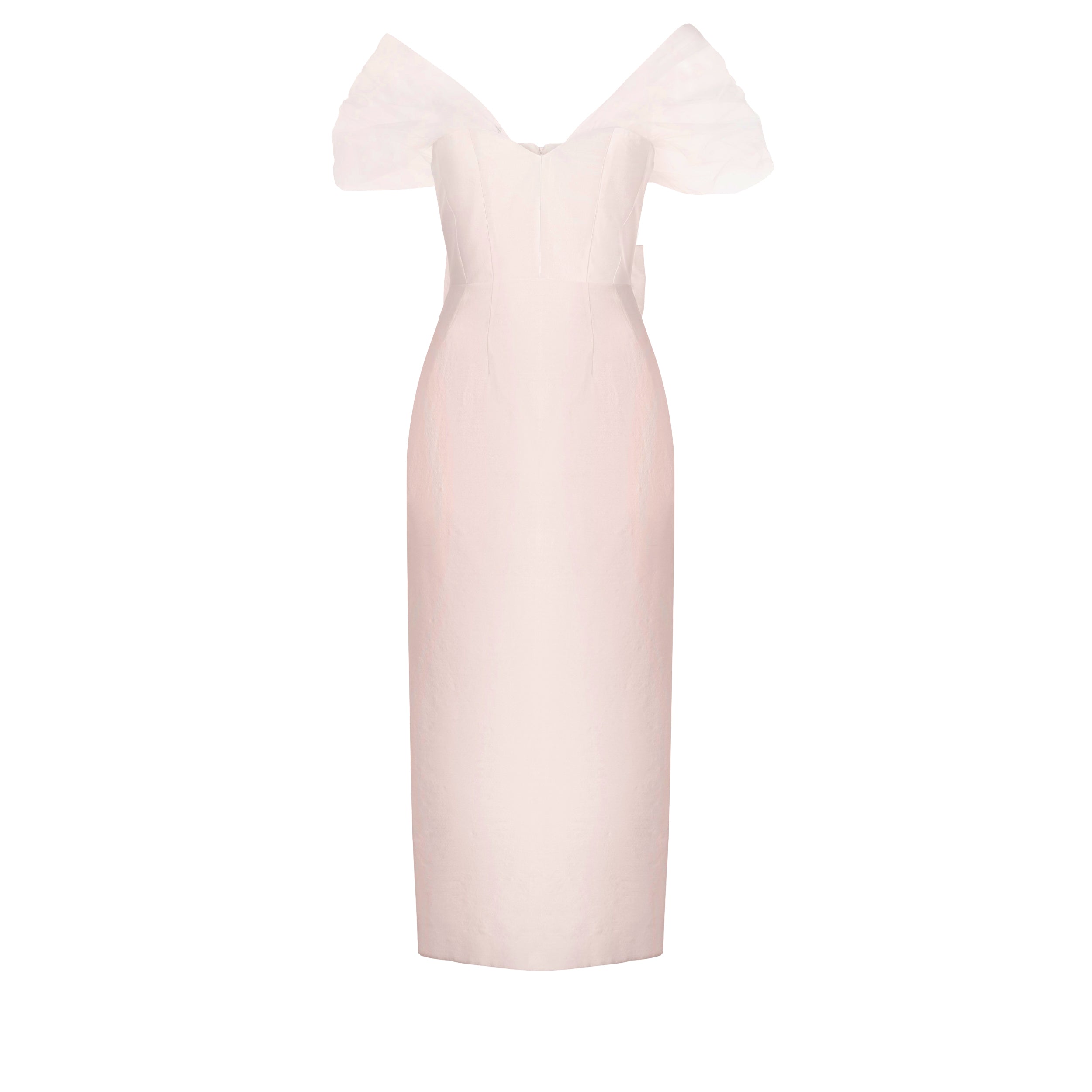 Alexandra Pijut Sylvie Dress in pink silk wool with tulle sleeves. Midi dress, wedding guest, black tie, bridal, outfit. Mother of the bride, groom.