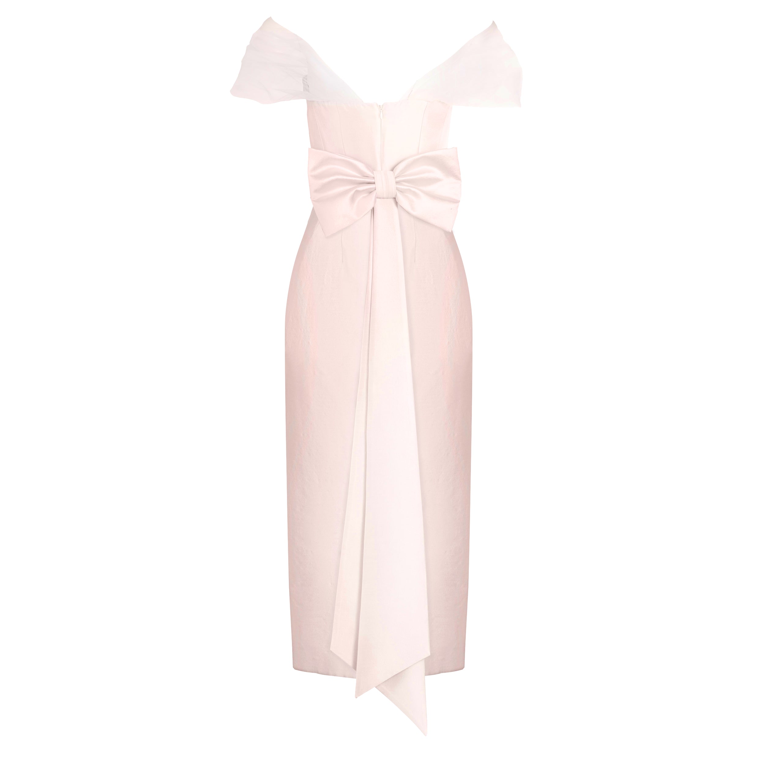 Alexandra Pijut Sylvie Dress in pink silk wool with tulle sleeves. Midi dress, wedding guest, black tie, bridal, outfit. Mother of the bride, groom.