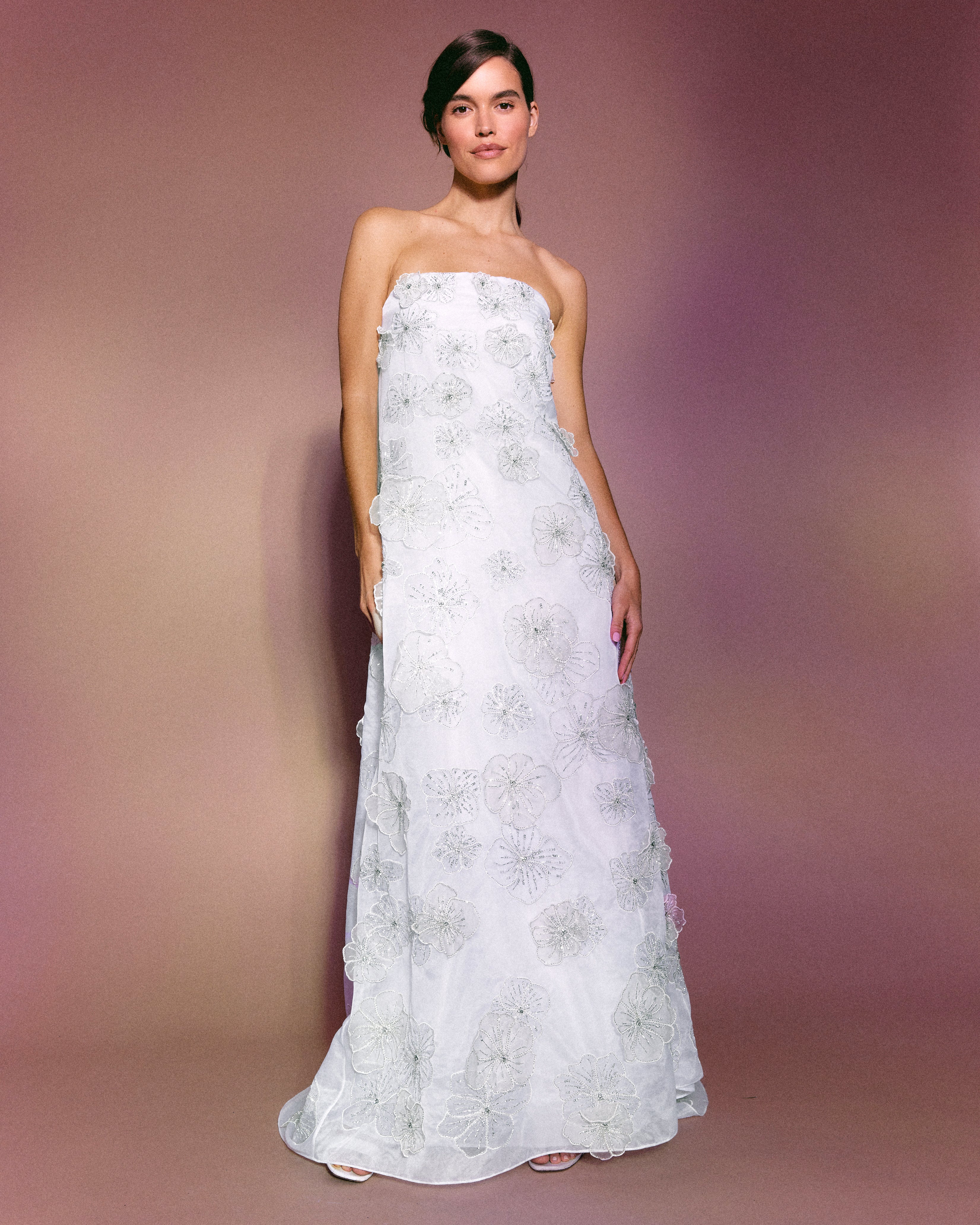 Skye Gown in White Organza with 3D Appliqué