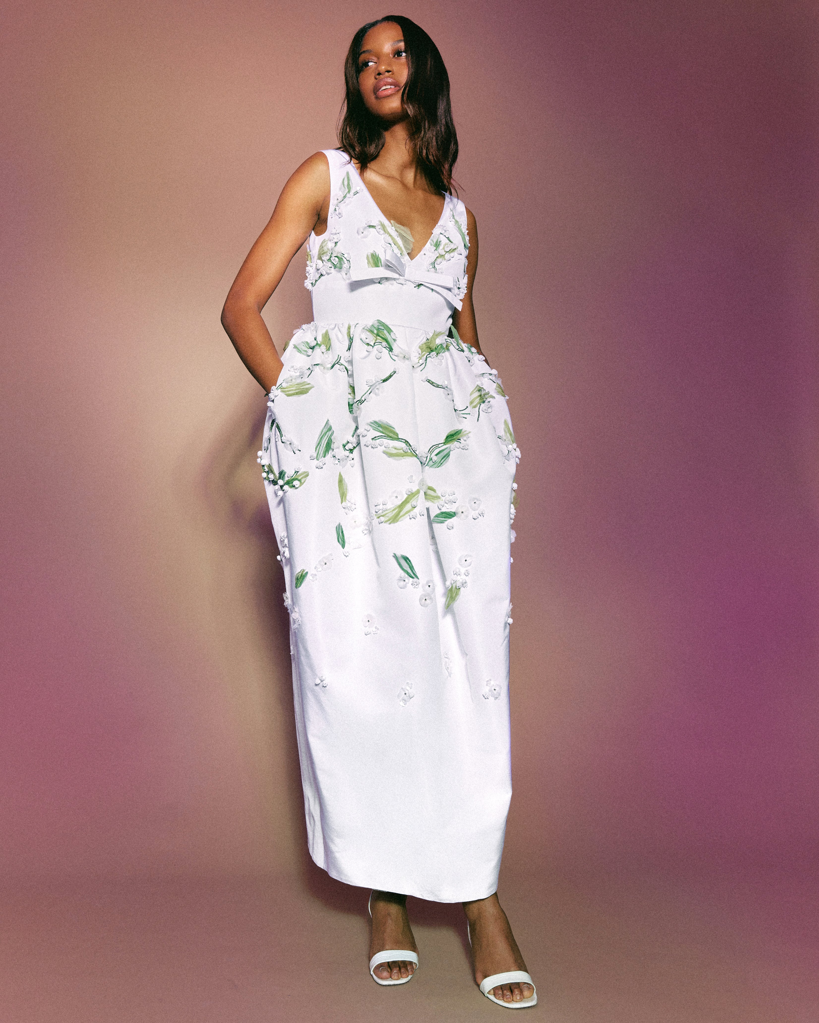 Rainey Dress in Ivory Faille with Lily of the Valley Embellishment