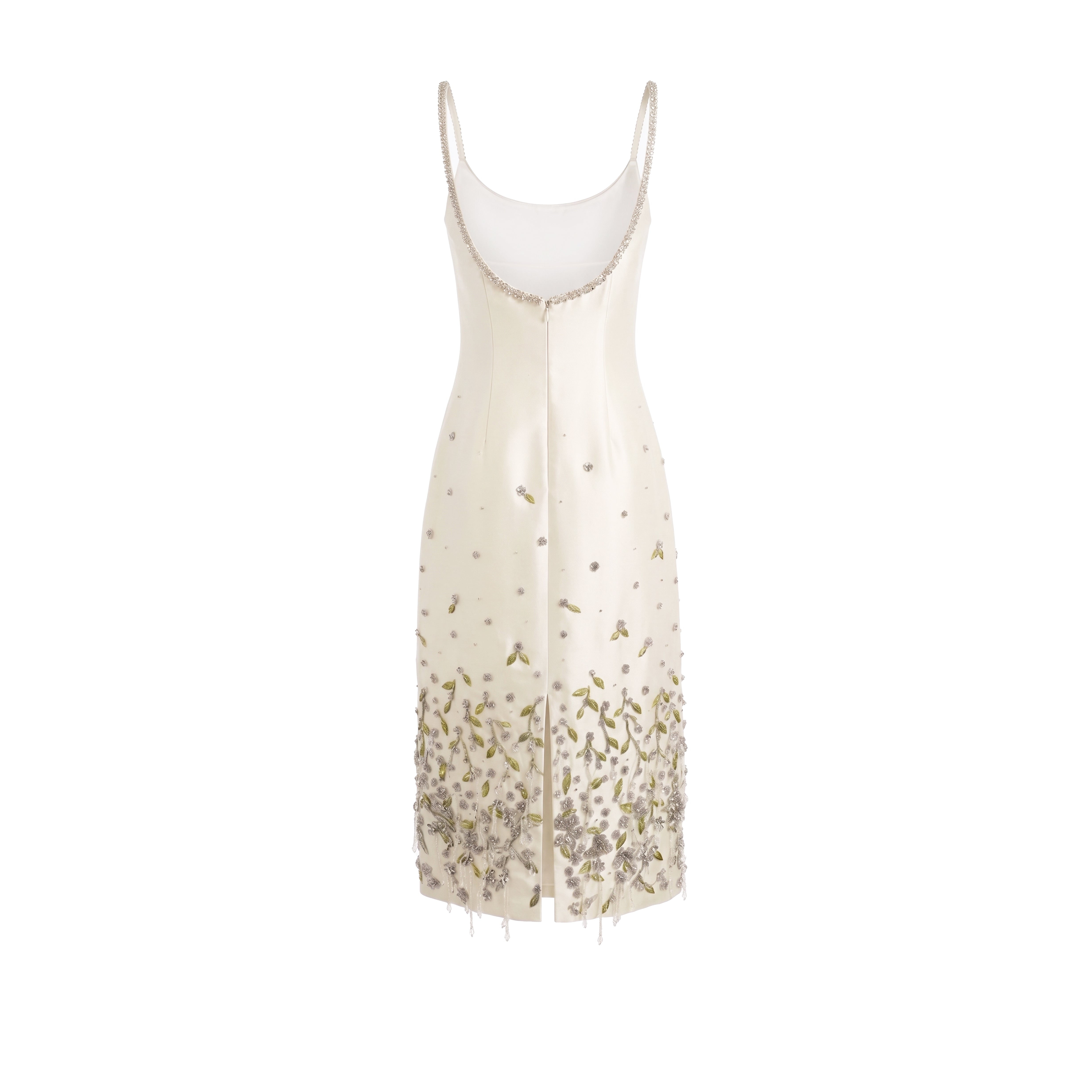 Luna Dress in Ivory Silk Wool with Silver and Green 3D Florals