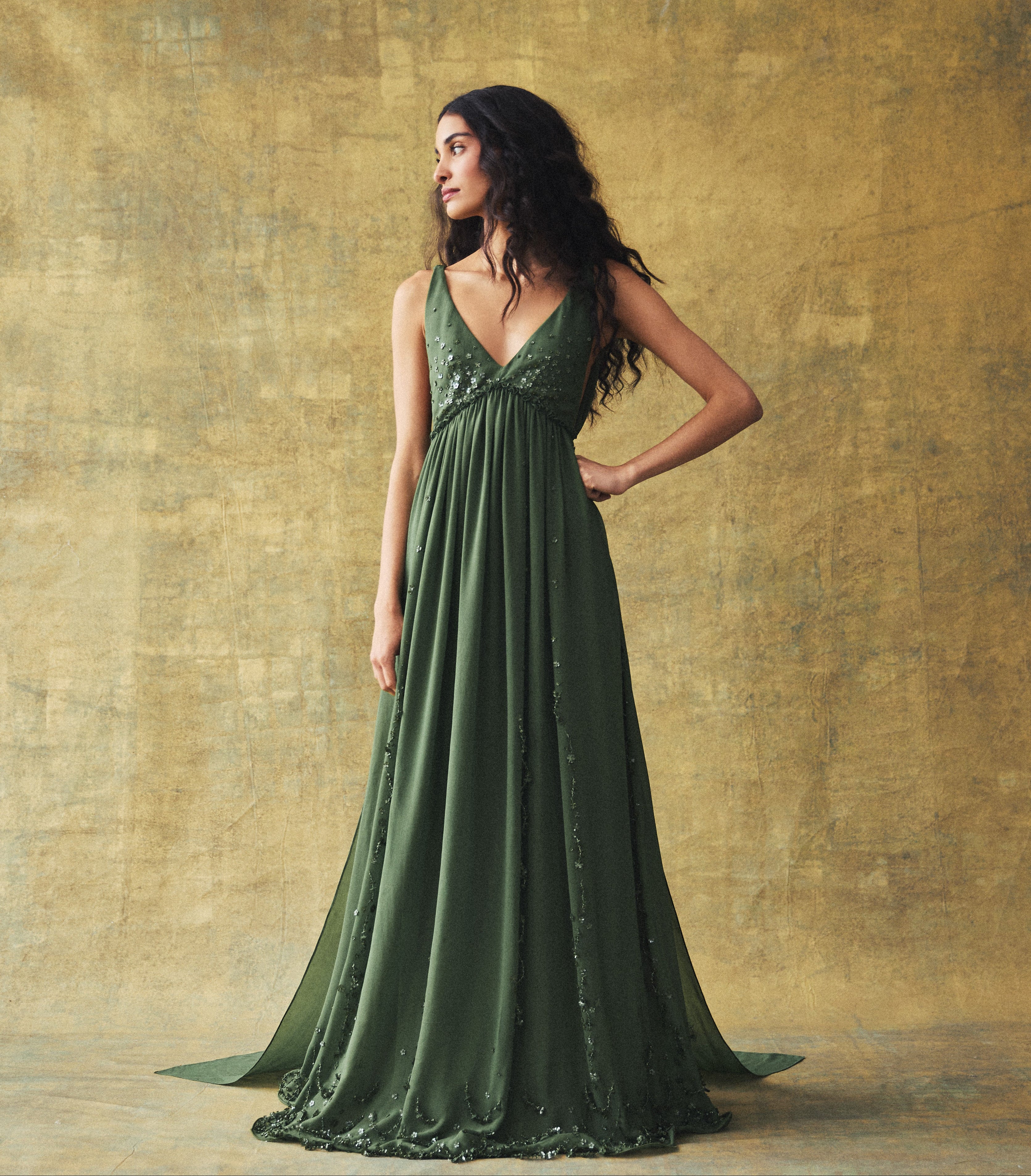 Sunny Gown in Pine Georgette with Scallop Floral Embellishment