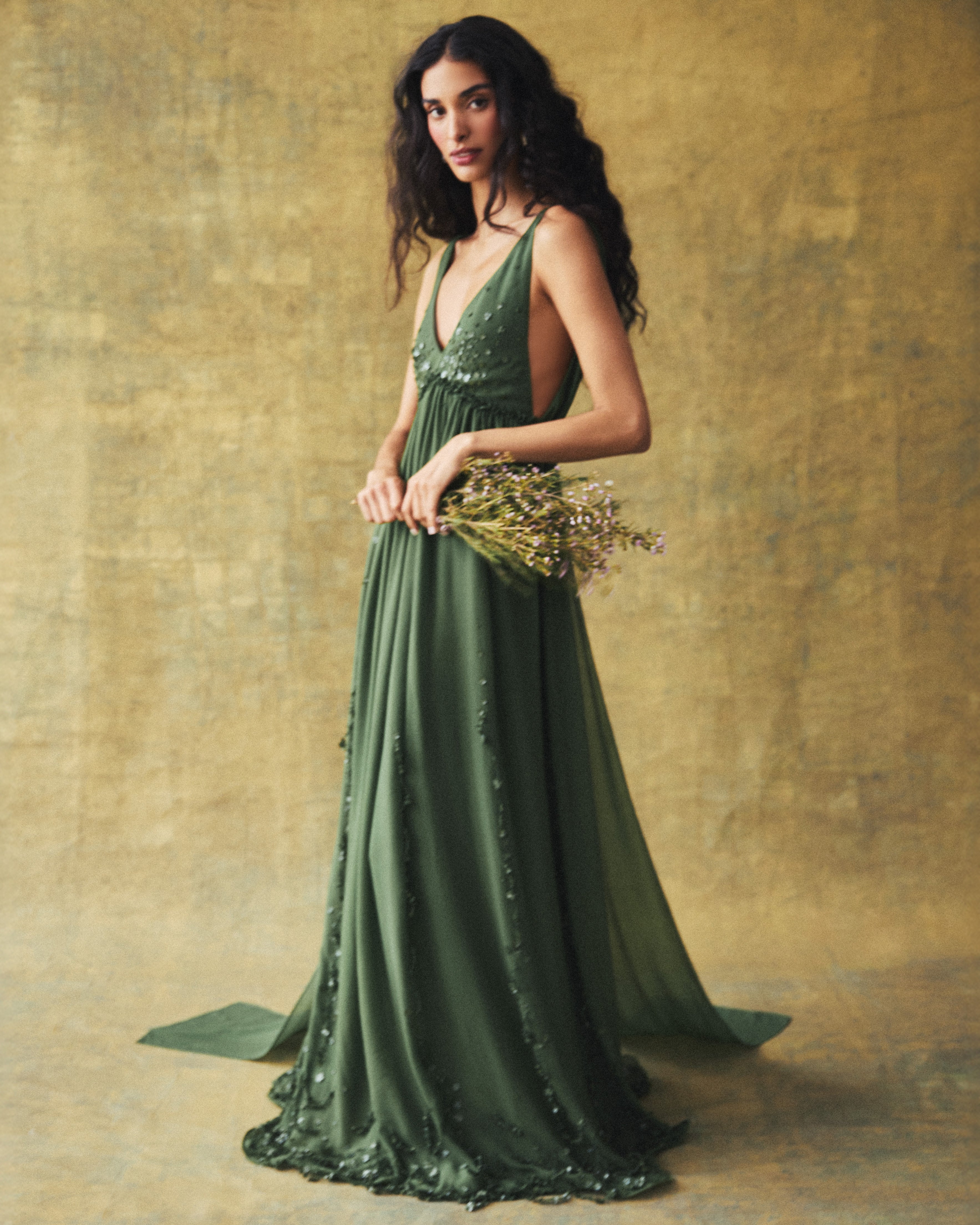 Sunny Gown in Pine Georgette with Scallop Floral Embellishment