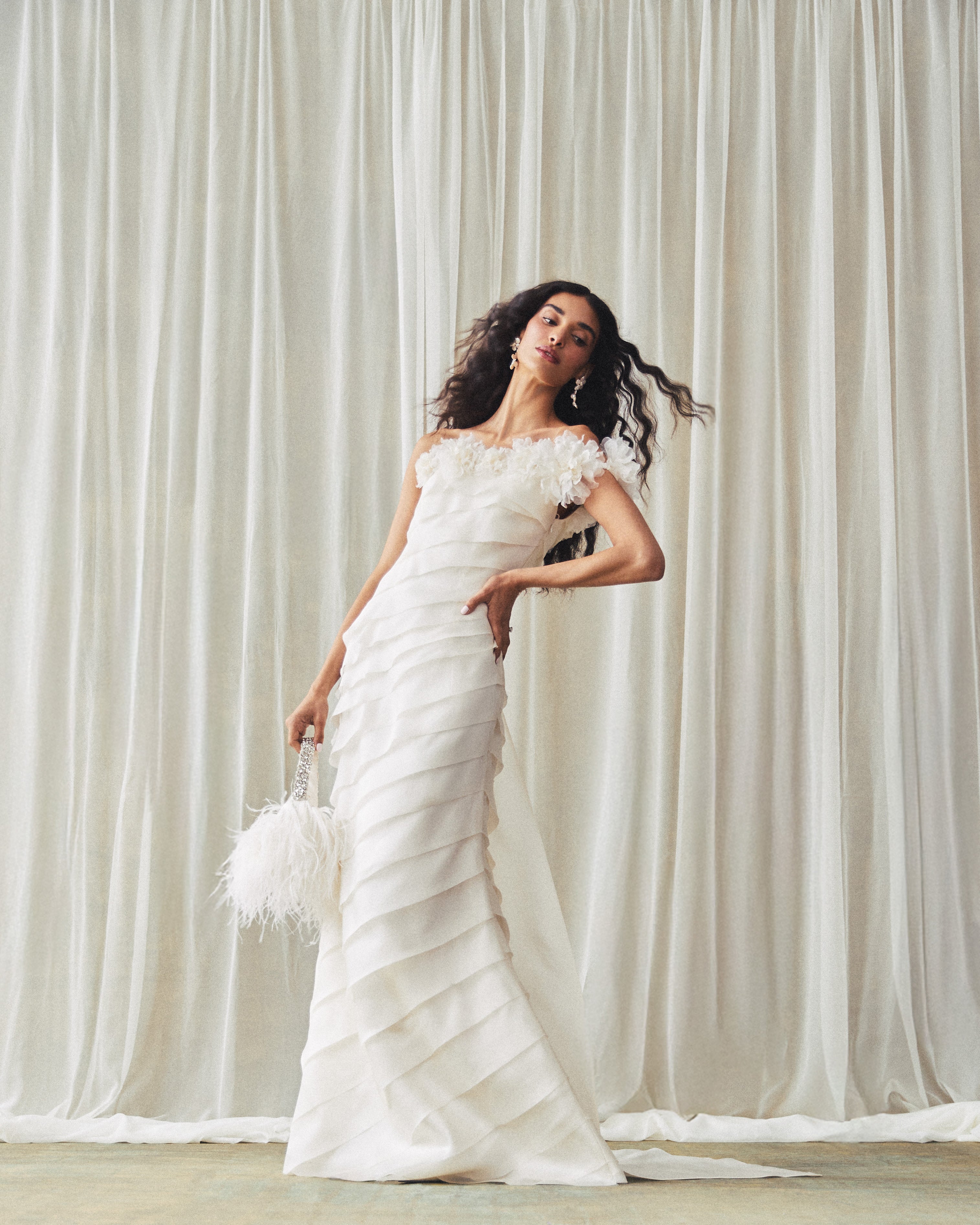 Piper Bucket Bag in Ivory with Ostrich Feather Embellishment
