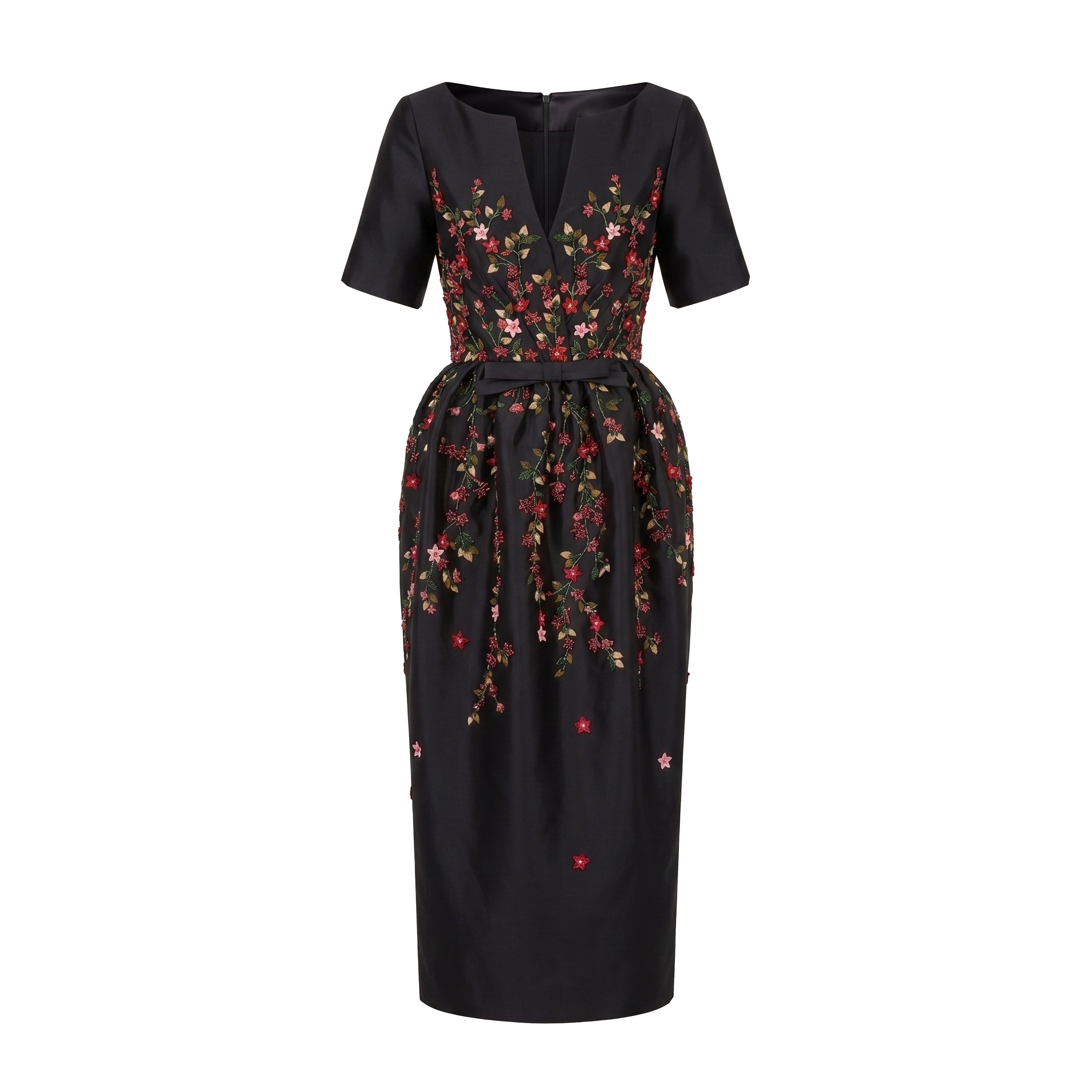 Frances Dress in Black Silk Wool with Red Floral Embellishment