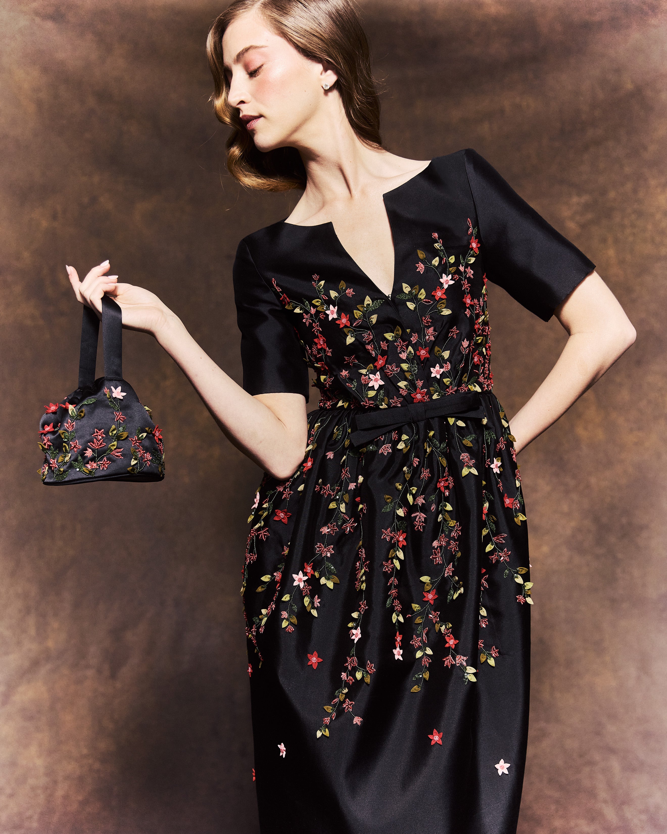Frances Dress in Black Silk Wool with Red Floral Embellishment
