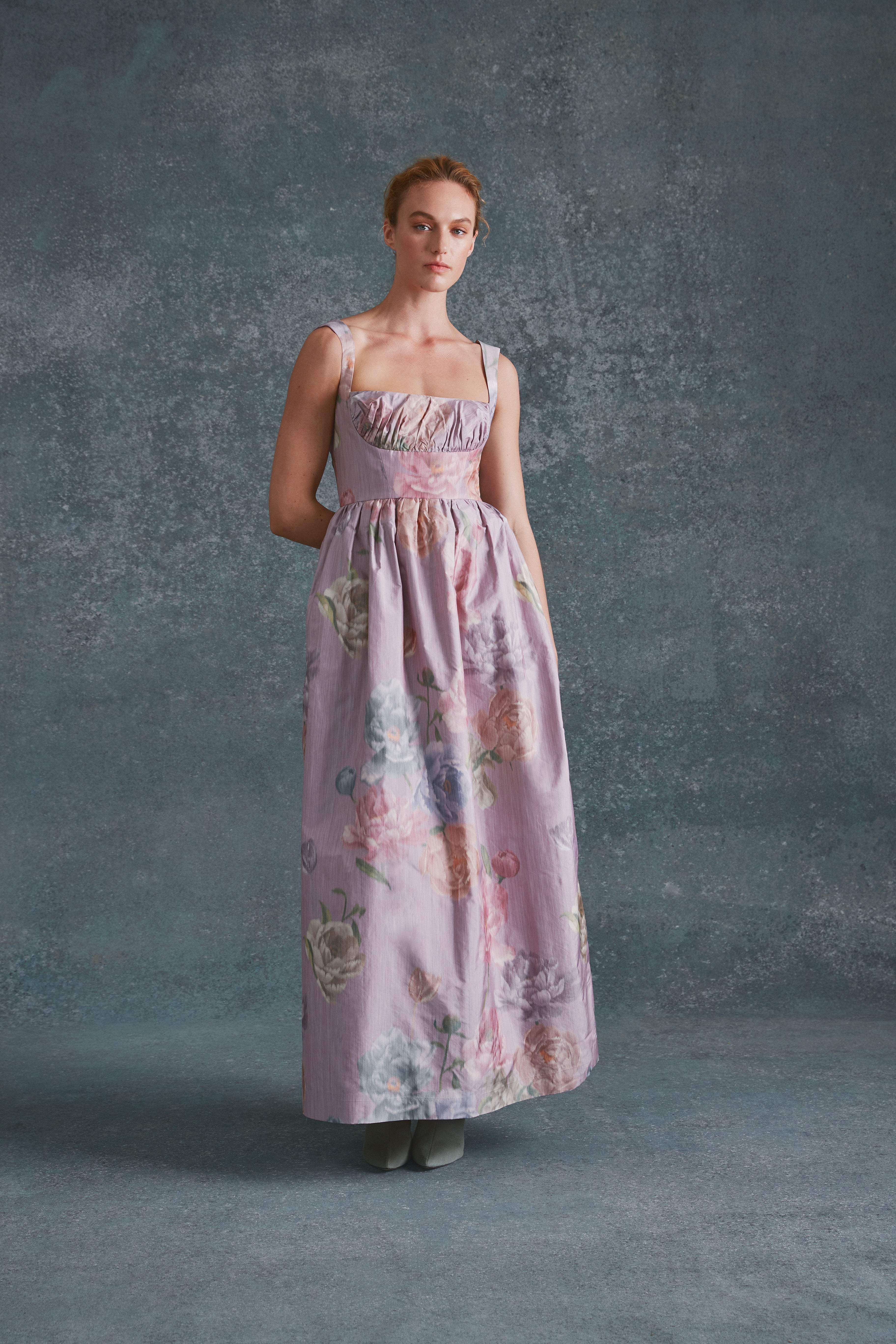 Alexandra Pijut Coupe Dress. Lilac Floral Taffeta ankle length dress. Wedding guest, bridesmaid dress. 