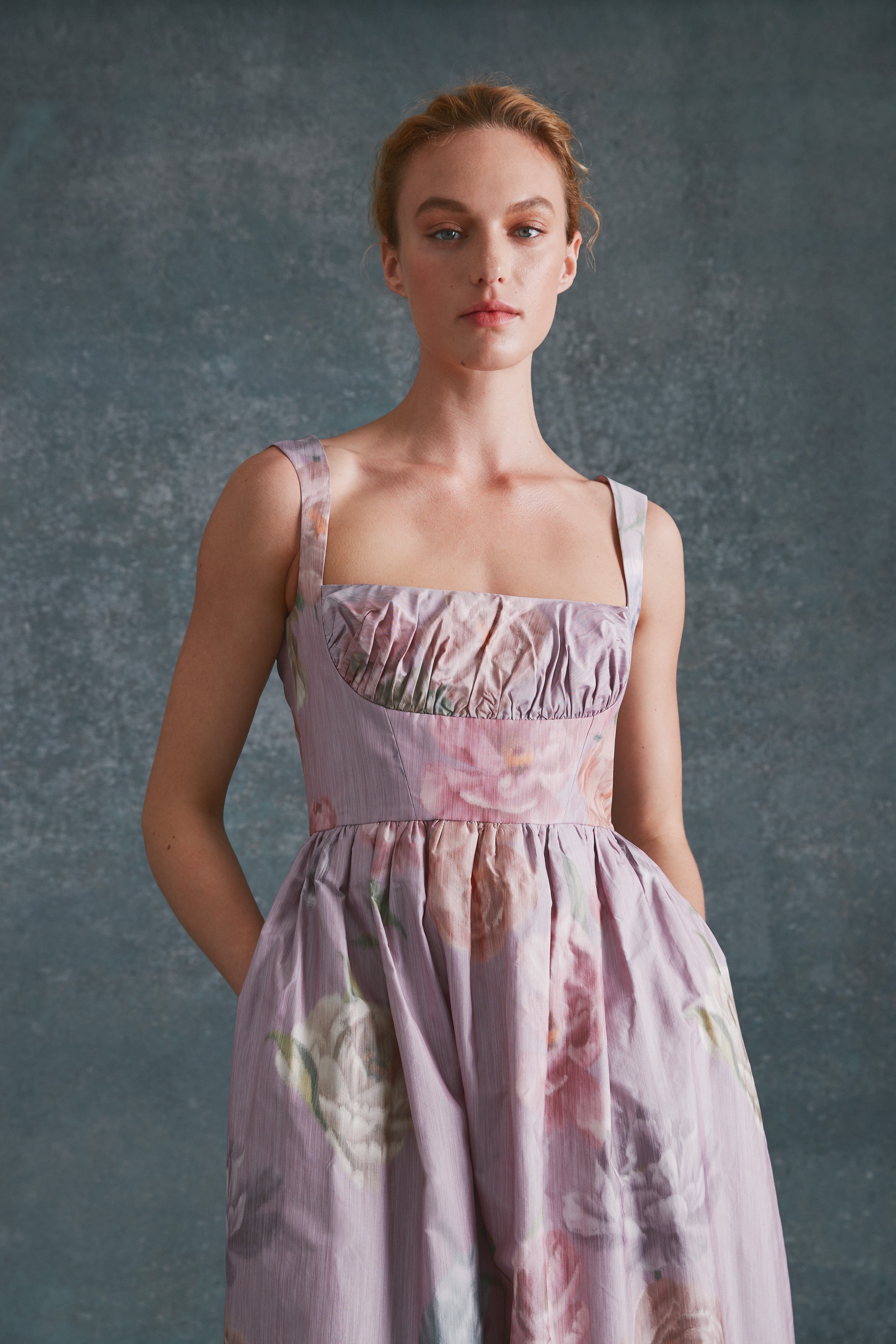 Alexandra Pijut Coupe Dress. Lilac Floral Taffeta ankle length dress. Wedding guest, bridesmaid dress. 