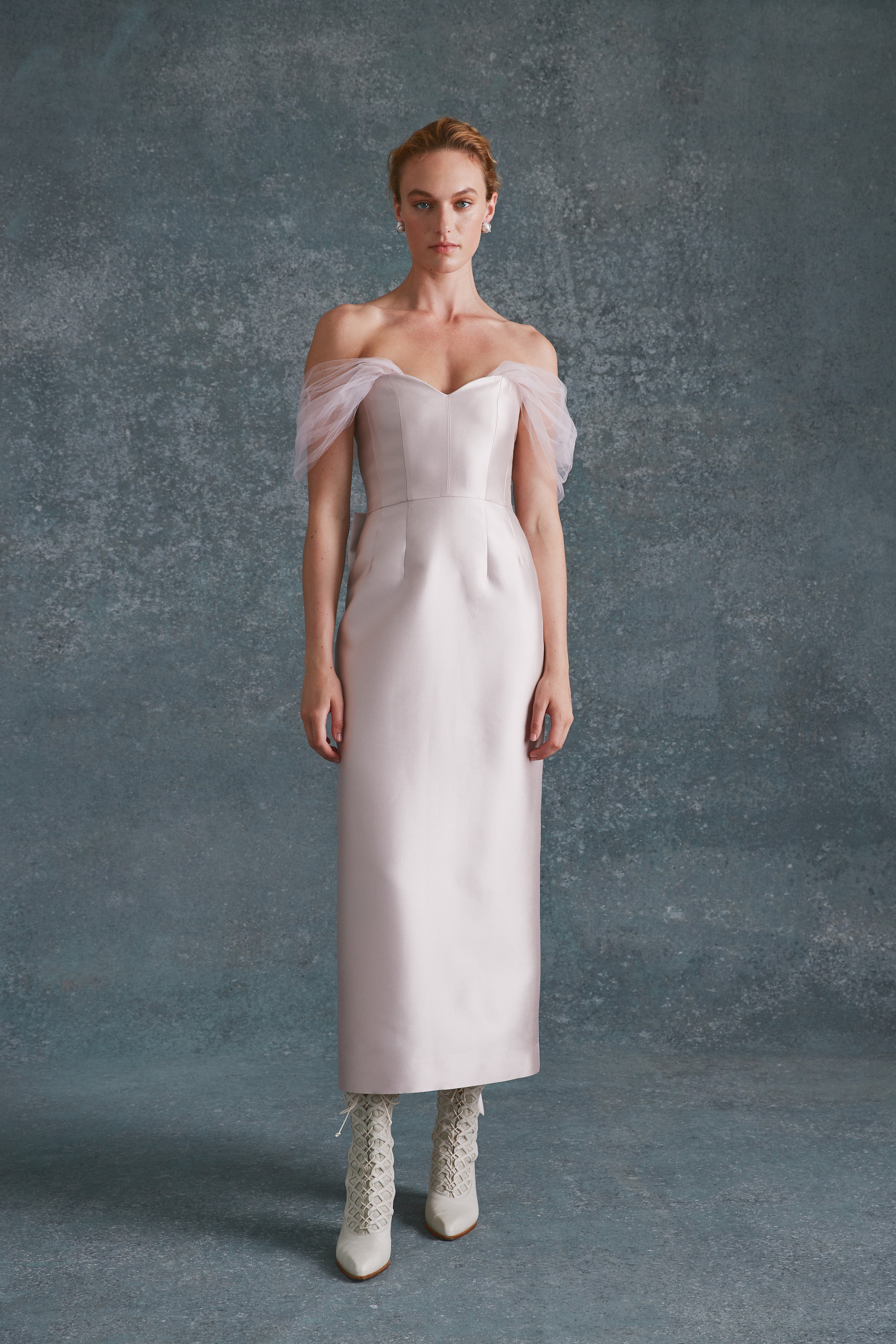 Alexandra Pijut Sylvie Dress in pink silk wool with tulle sleeves. Midi dress, wedding guest, black tie, bridal, outfit.  Mother of the bride, groom.