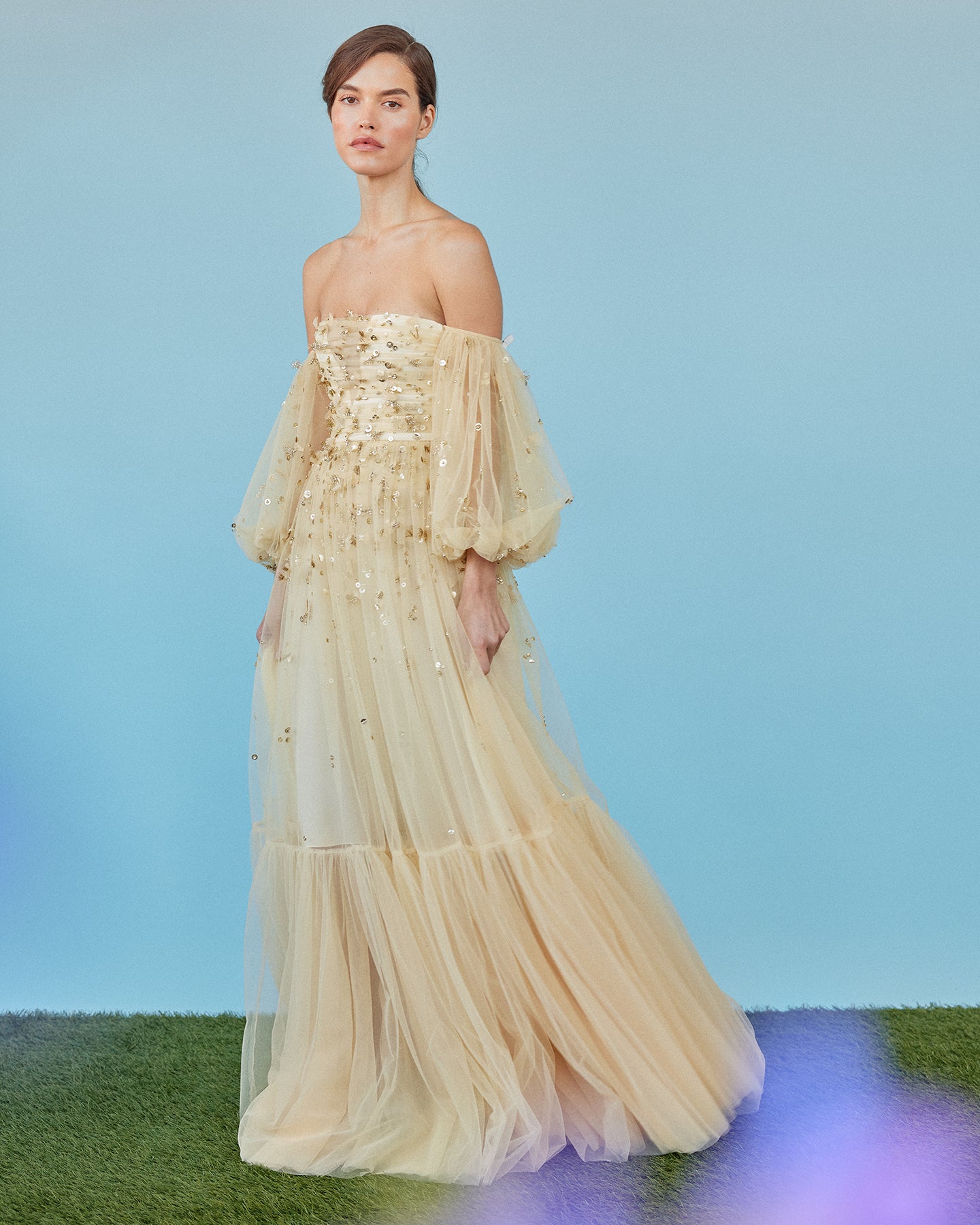 Priyanka Gown in Gold Tulle with Sporadic Sequins