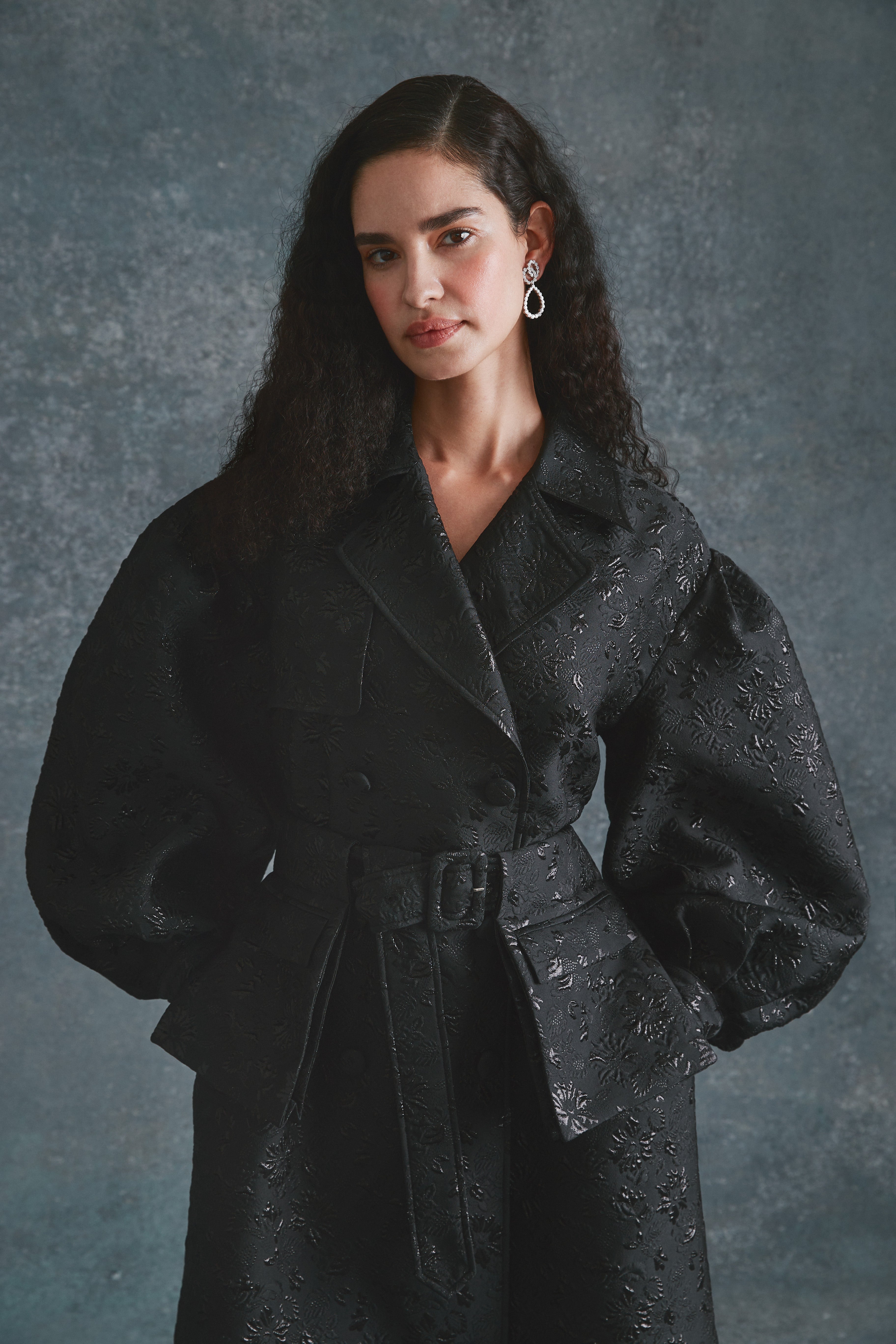 Alexandra Pijut Riding Trench in black brocade, oversized trench coat, demi couture, evening coat.