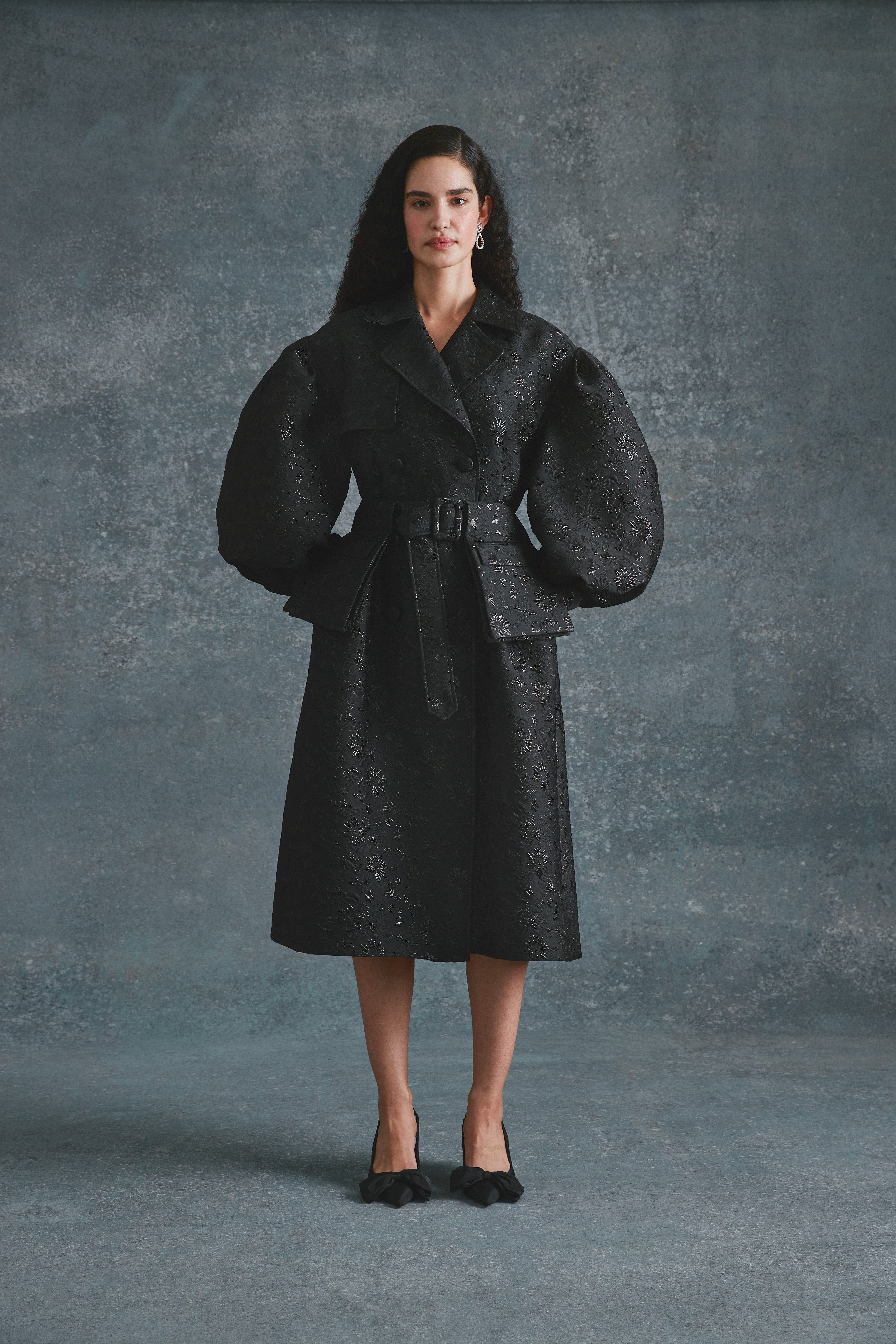 Alexandra Pijut Riding Trench in black brocade, oversized trench coat, demi couture, evening coat.