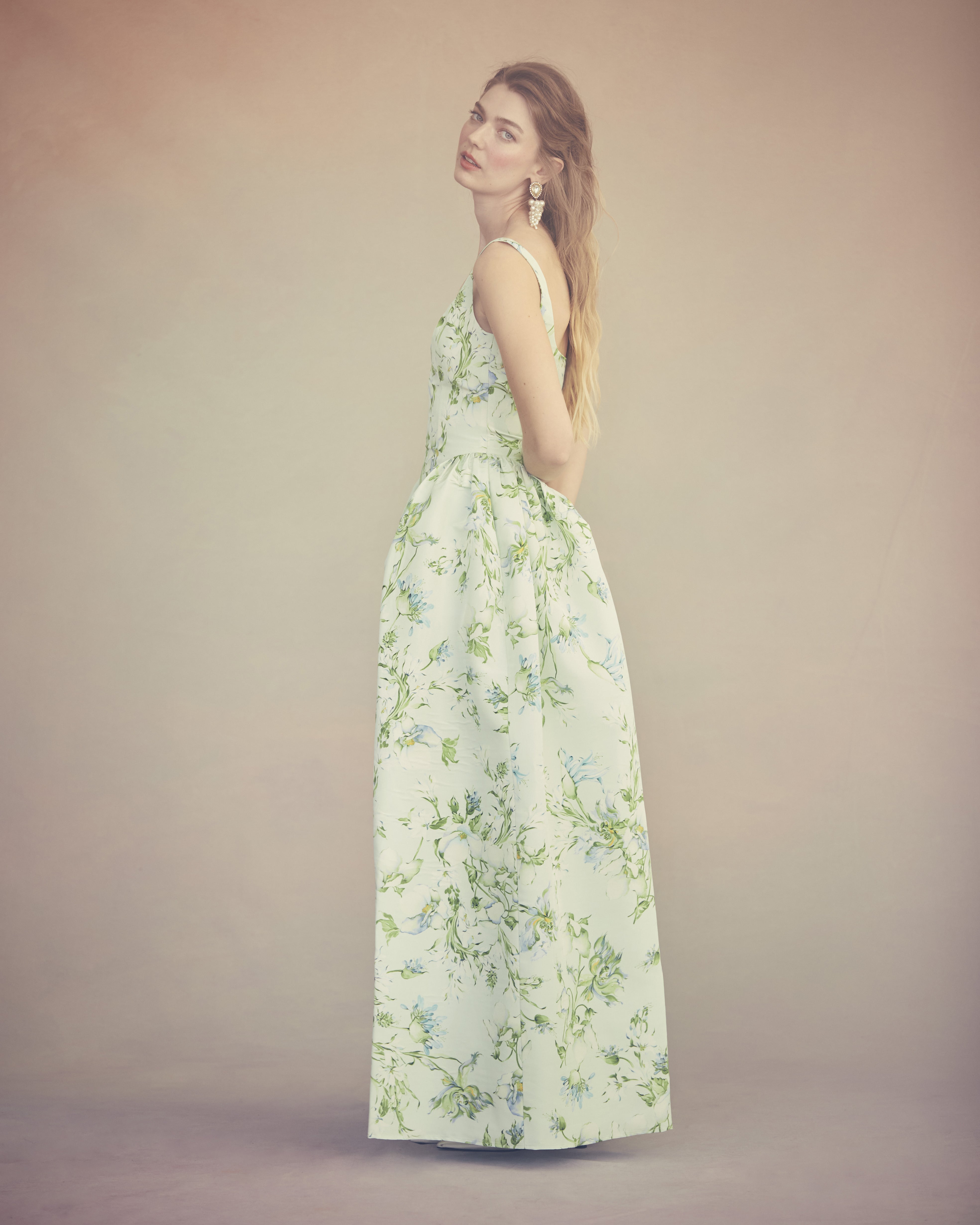 Antoinette Dress in Celadon Bloom Silk Faille