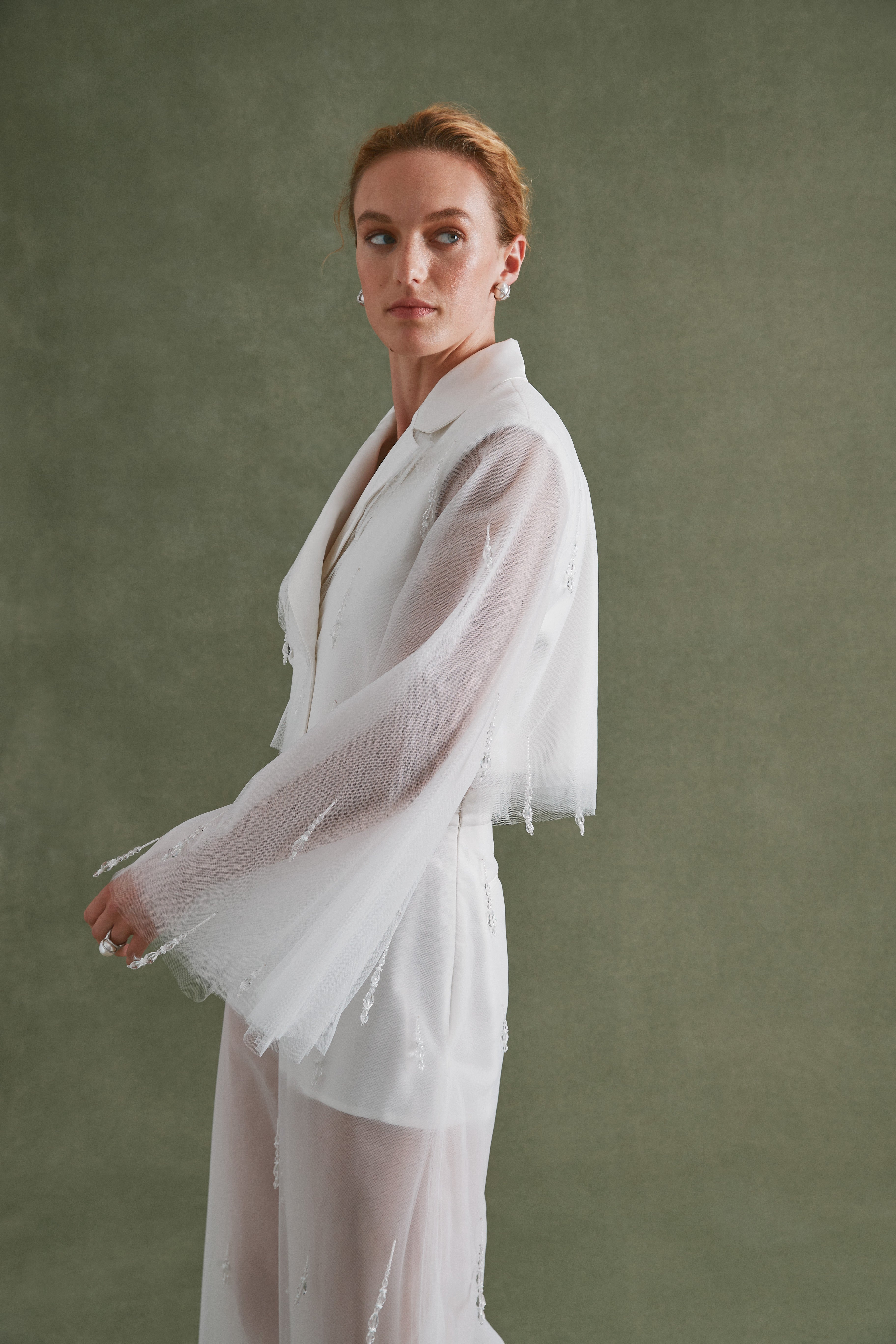 Alexandra Pijut Tulle Blazer in ivory with crystal beading. Wedding suit, bridal, bride, city hall outfit. 