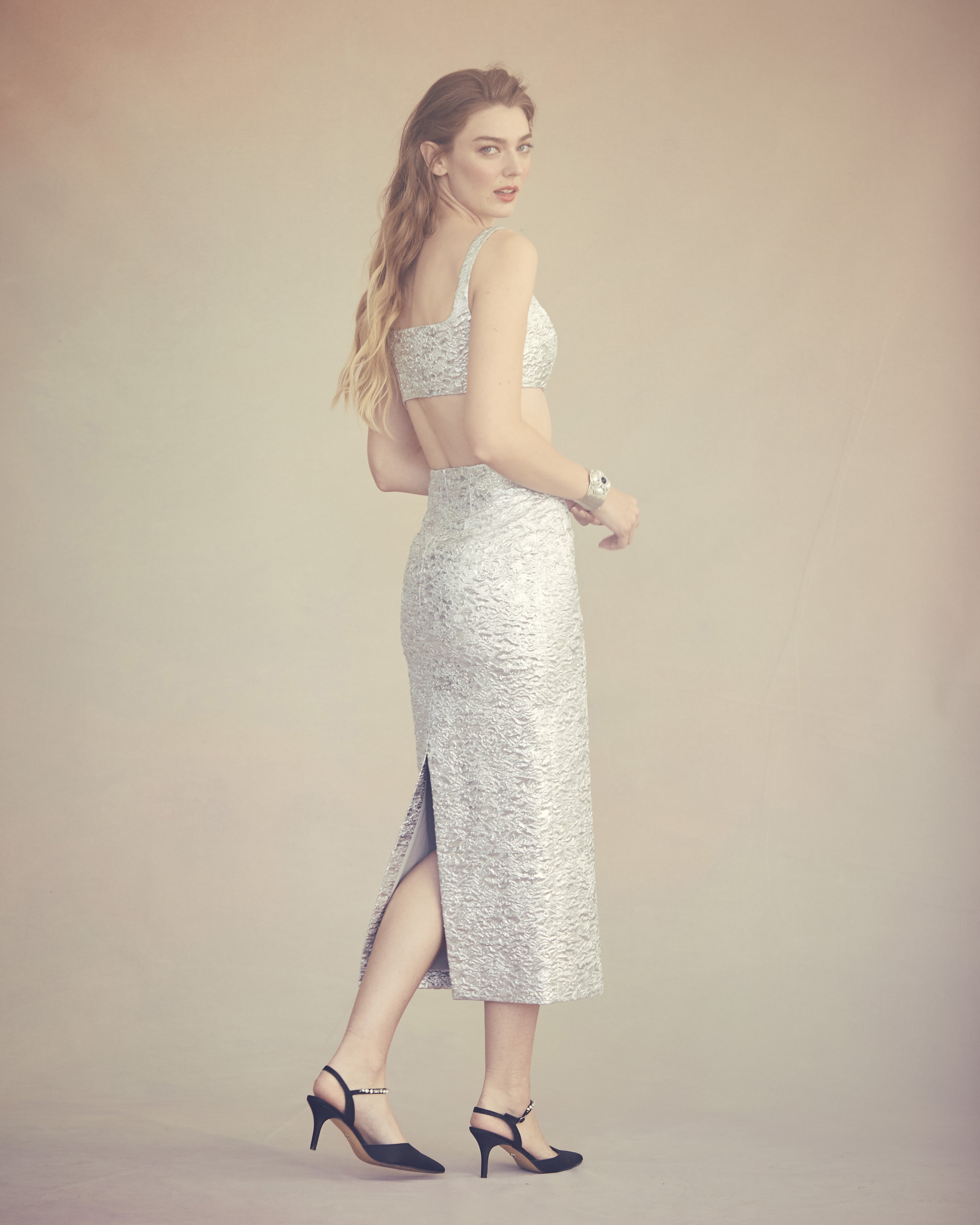 Effie Pencil Skirt in Silver Brocade