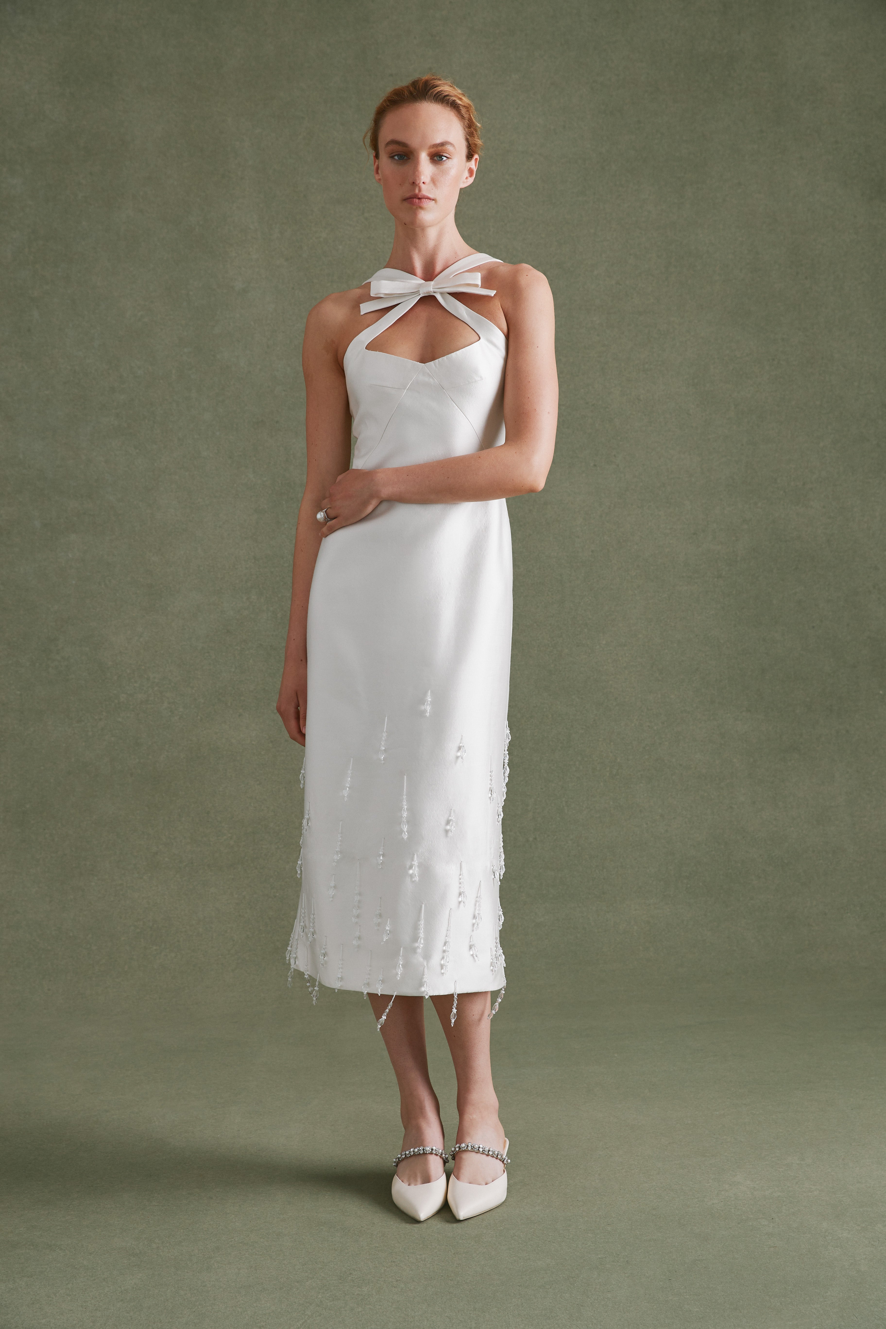 Alexandra Pijut Delphine Dress in Ivory Silk Wool with Crystal Drops