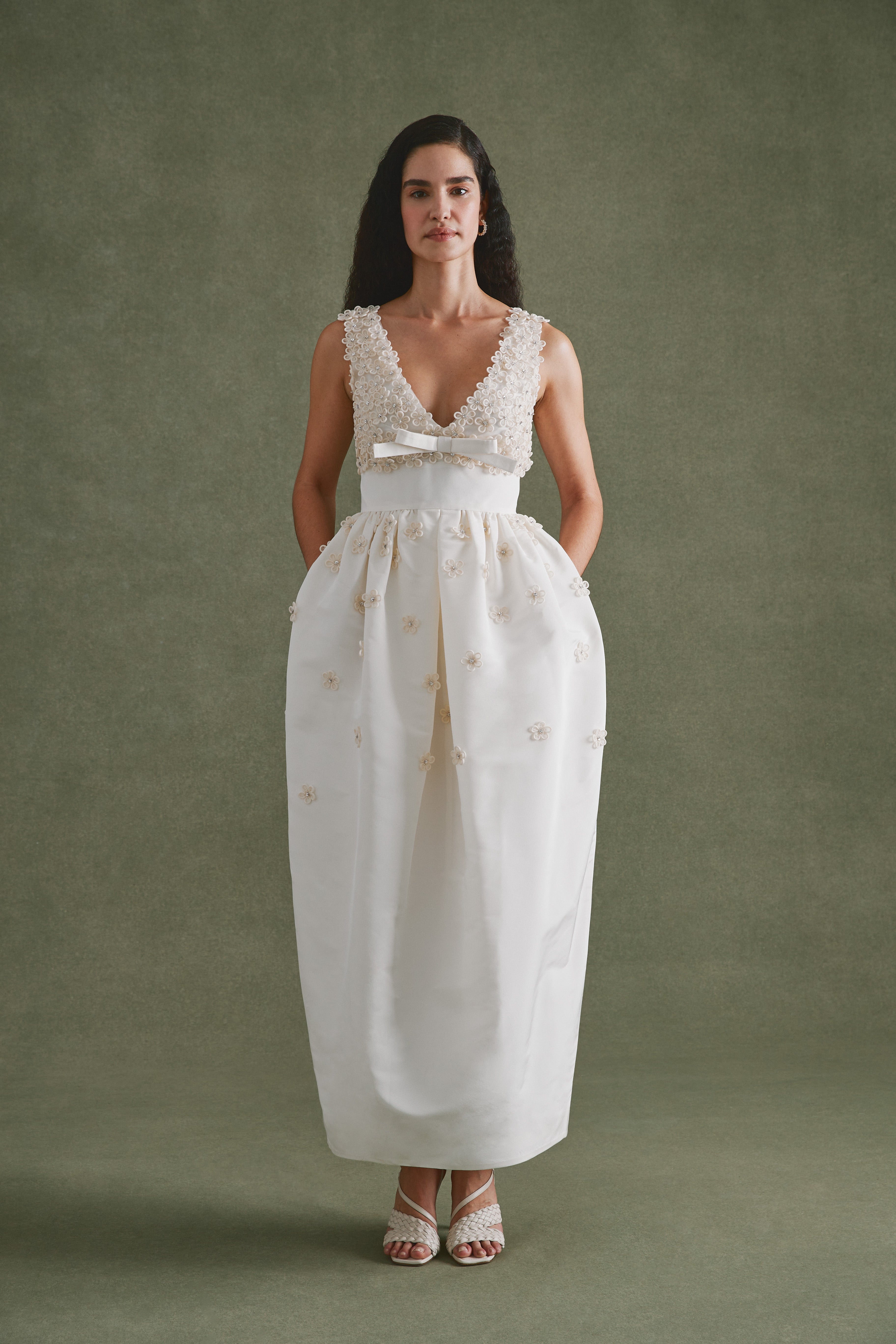 Alexandra Pijut Rainey Dress in ivory silk faille with bow and flower beading. Wedding dress, bridal, bride, rehearsal dinner, after party outfit. Ankle length.
