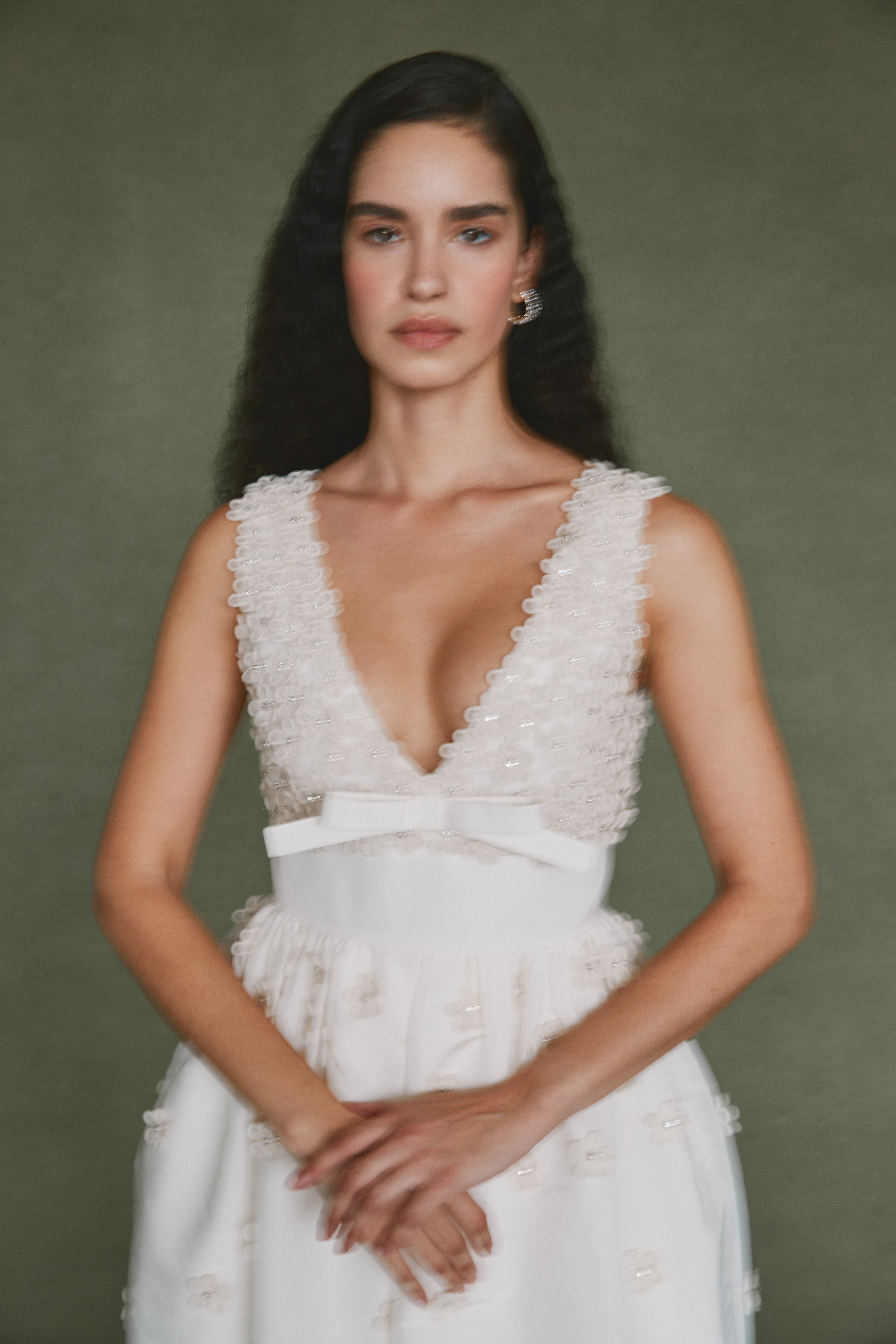 Alexandra Pijut Rainey Dress in ivory silk faille with bow and flower beading. Wedding dress, bridal, bride, rehearsal dinner, after party outfit. Ankle length.