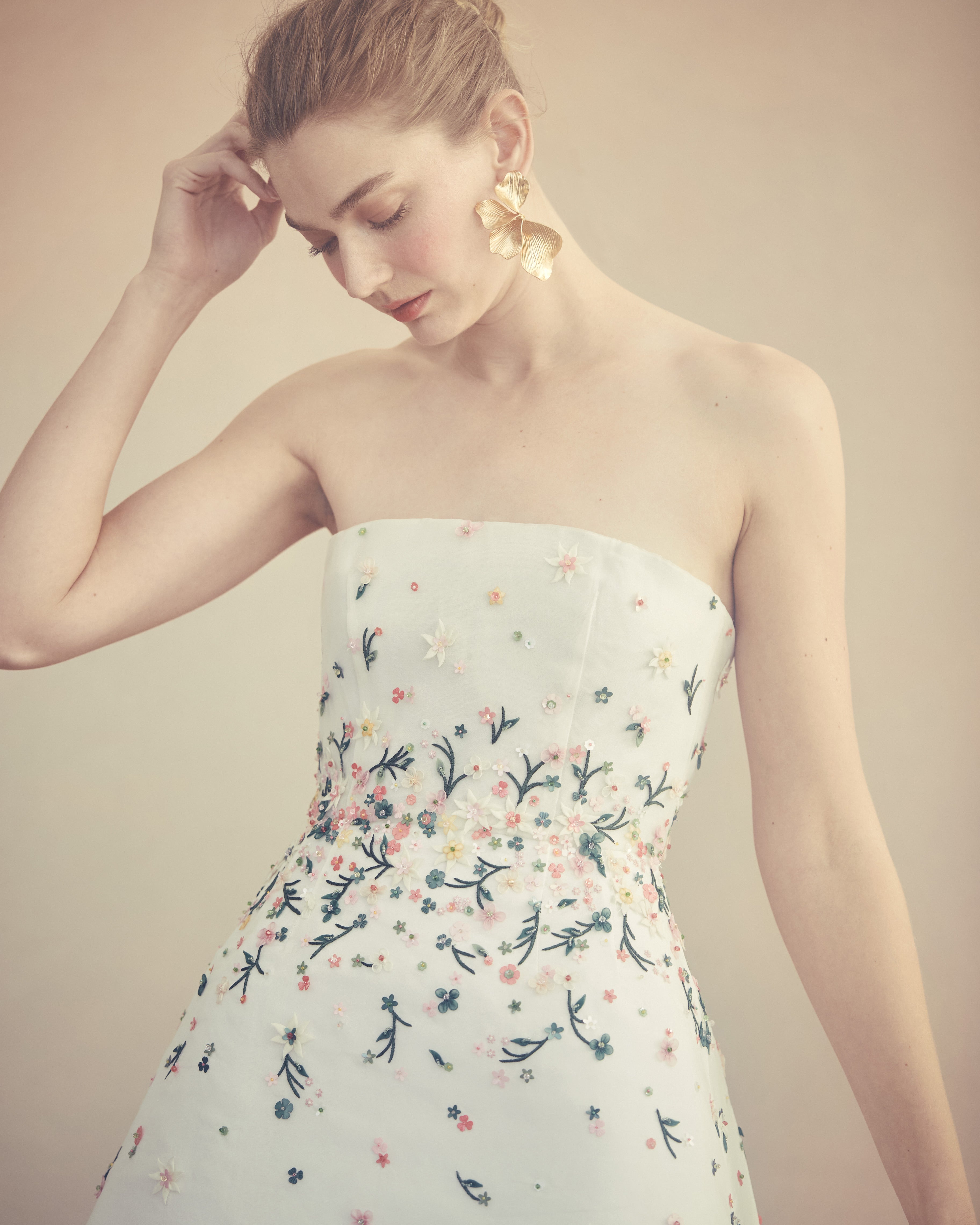 Strapless Ellia Dress in White Organza with Meadow Embellishment