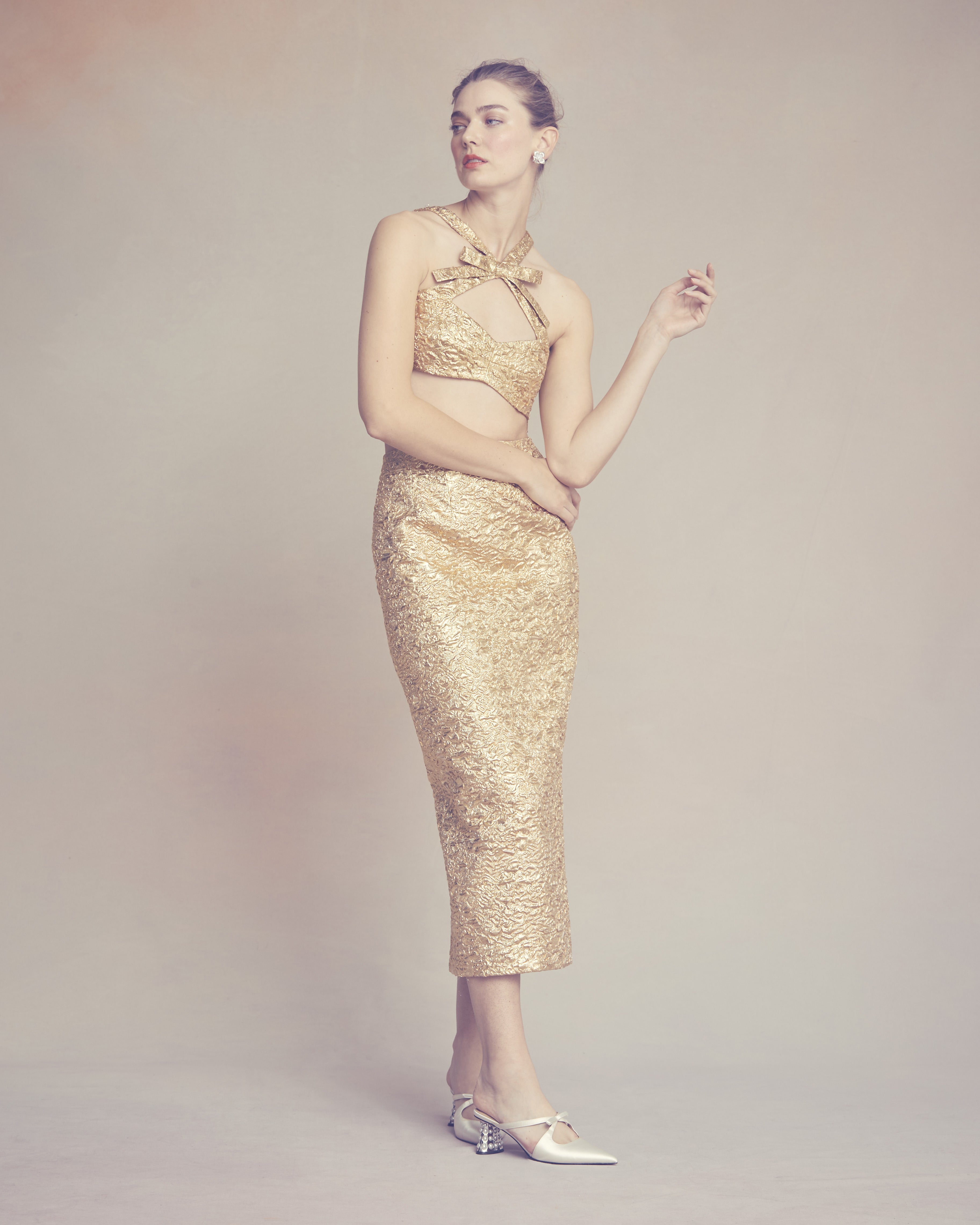 Effie Pencil Skirt in Gold Brocade