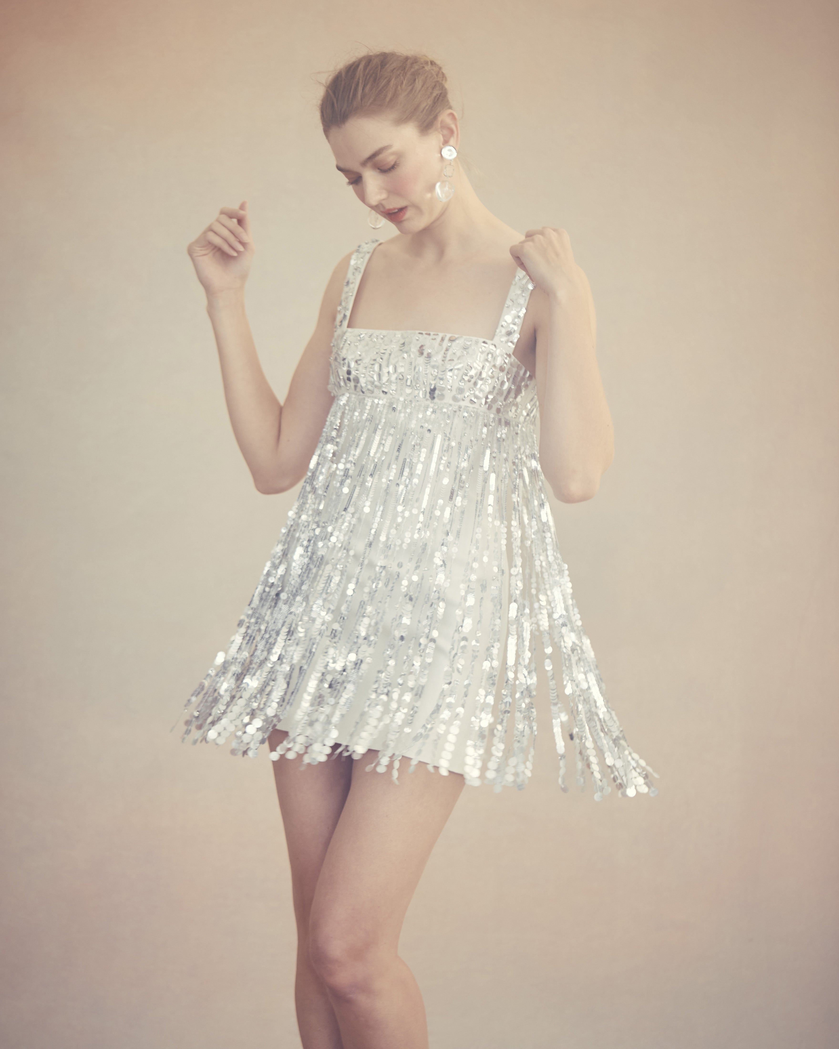 Elsa Dress in Ivory Silk Wool with Silver Fringe