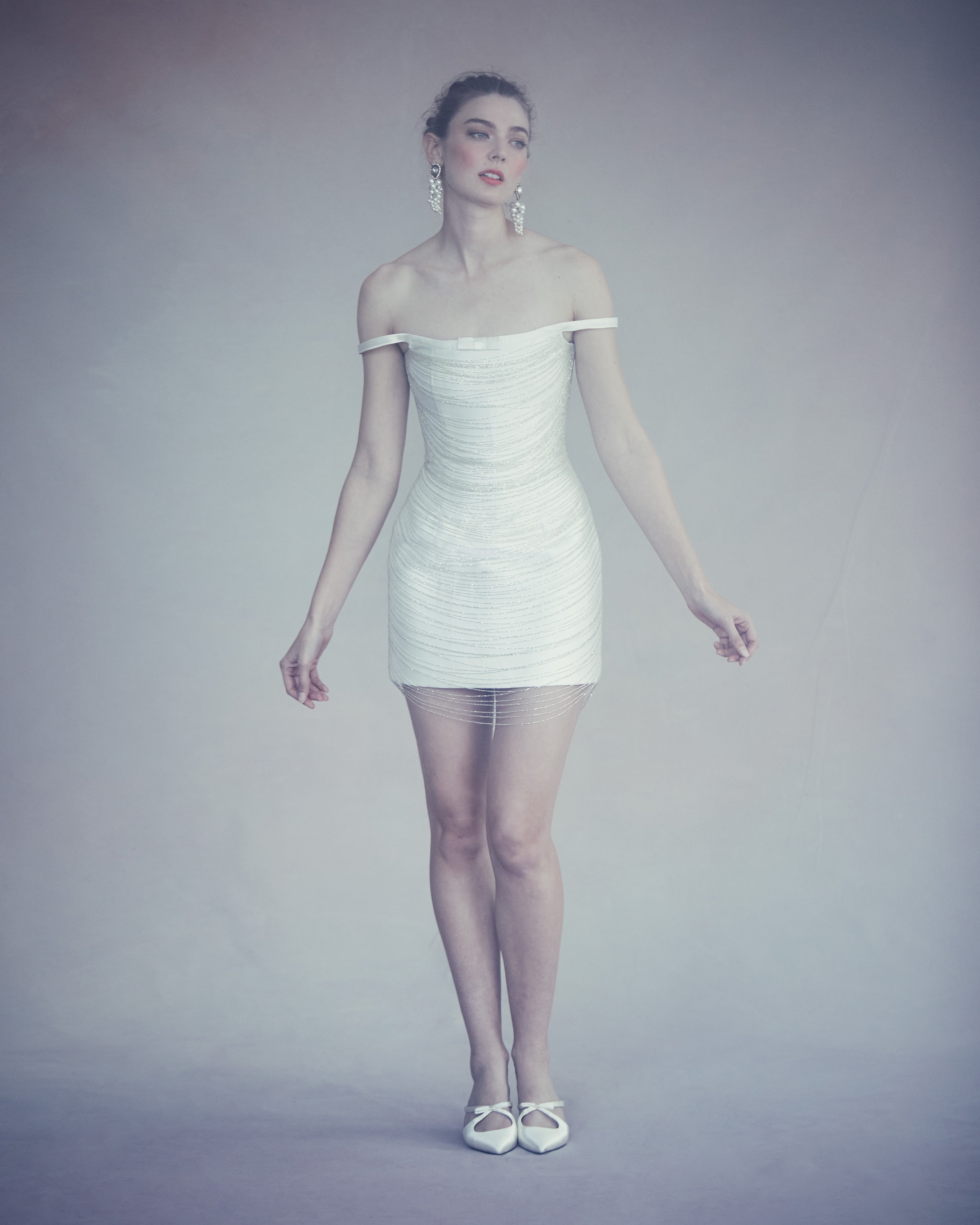 Cosette Dress in Ivory Silk Wool with Beaded Fringe