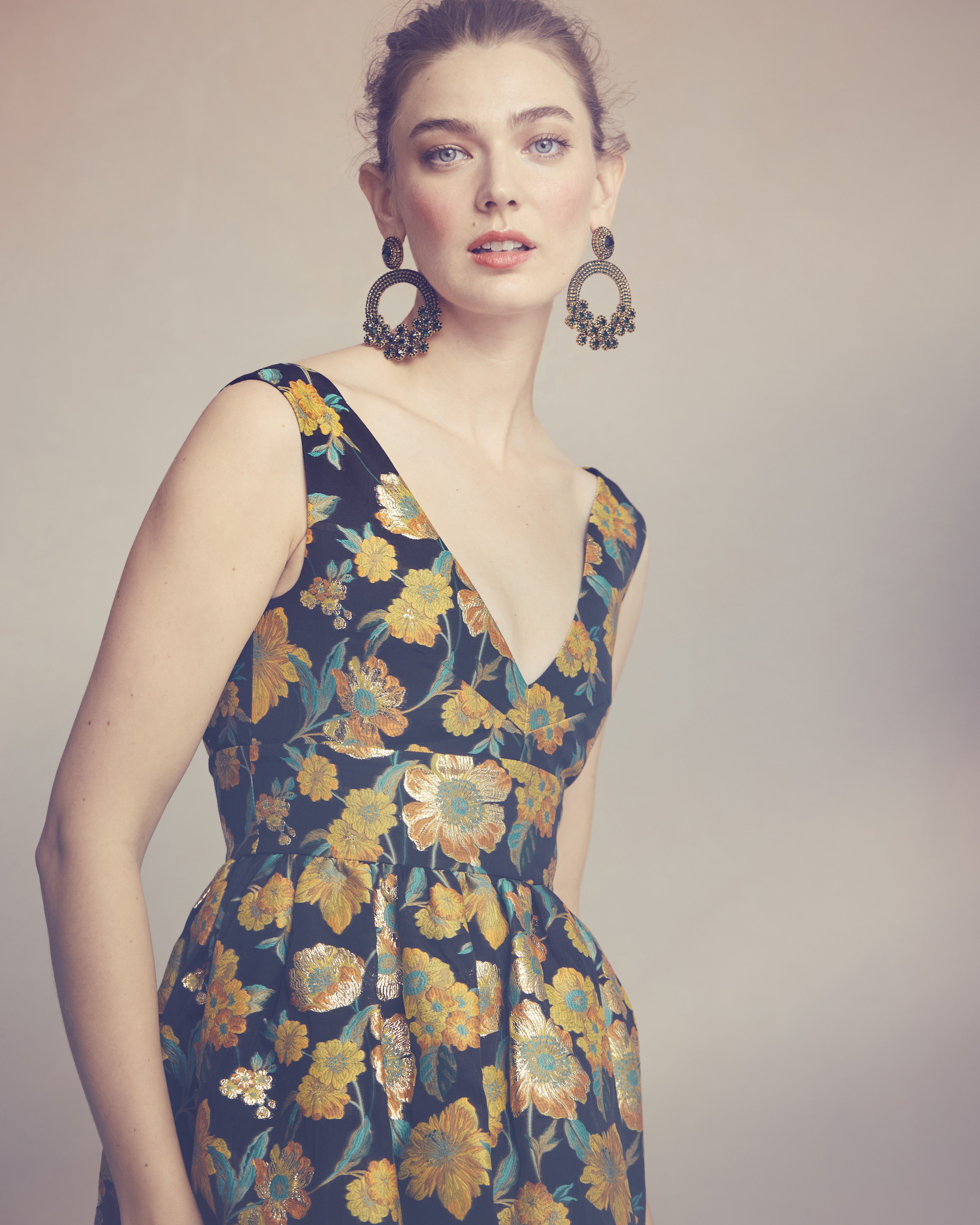 Celia Dress in Metallic Citrine Brocade