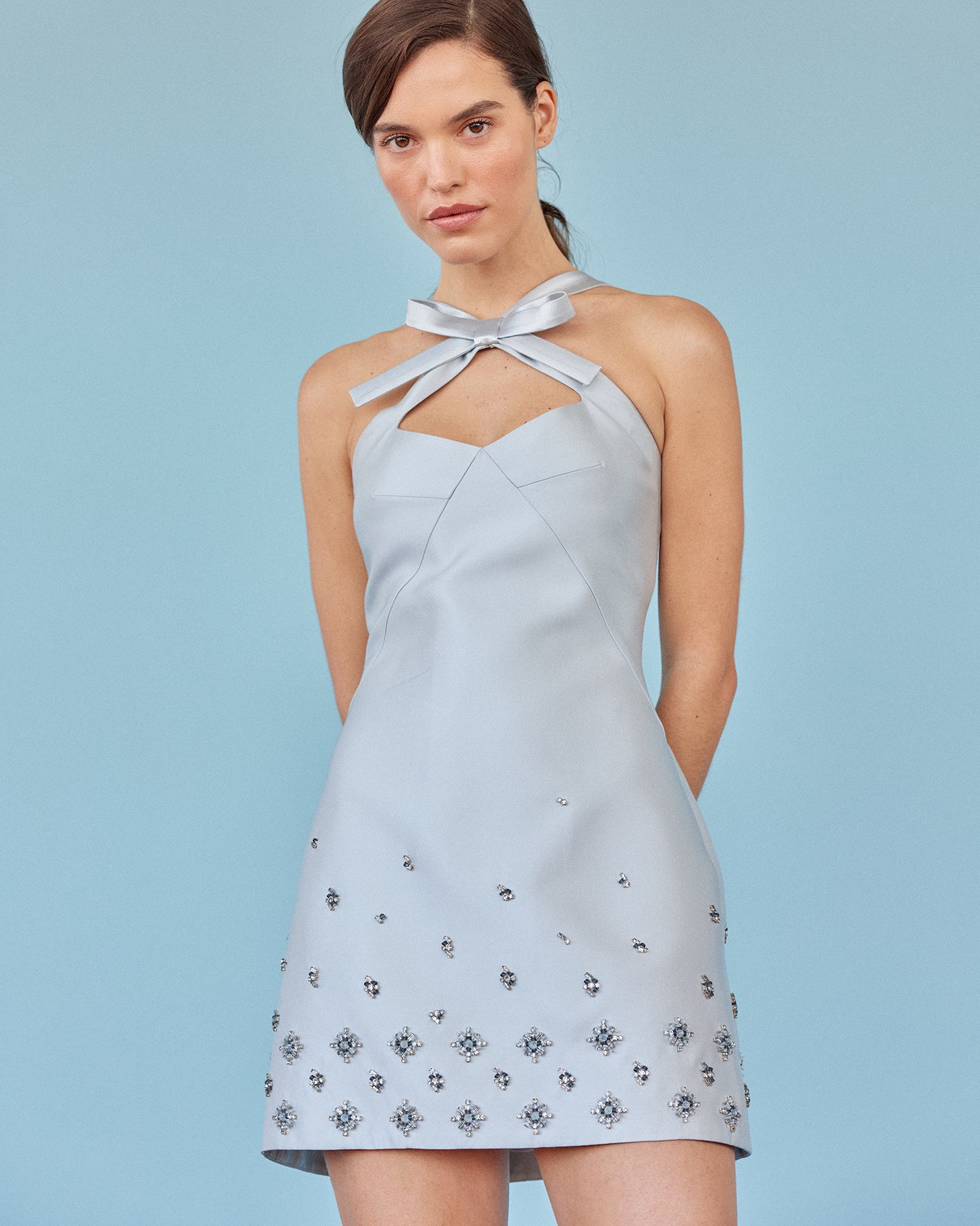 Devi Dress in Ice Blue Silk Wool with Crystal Clusters