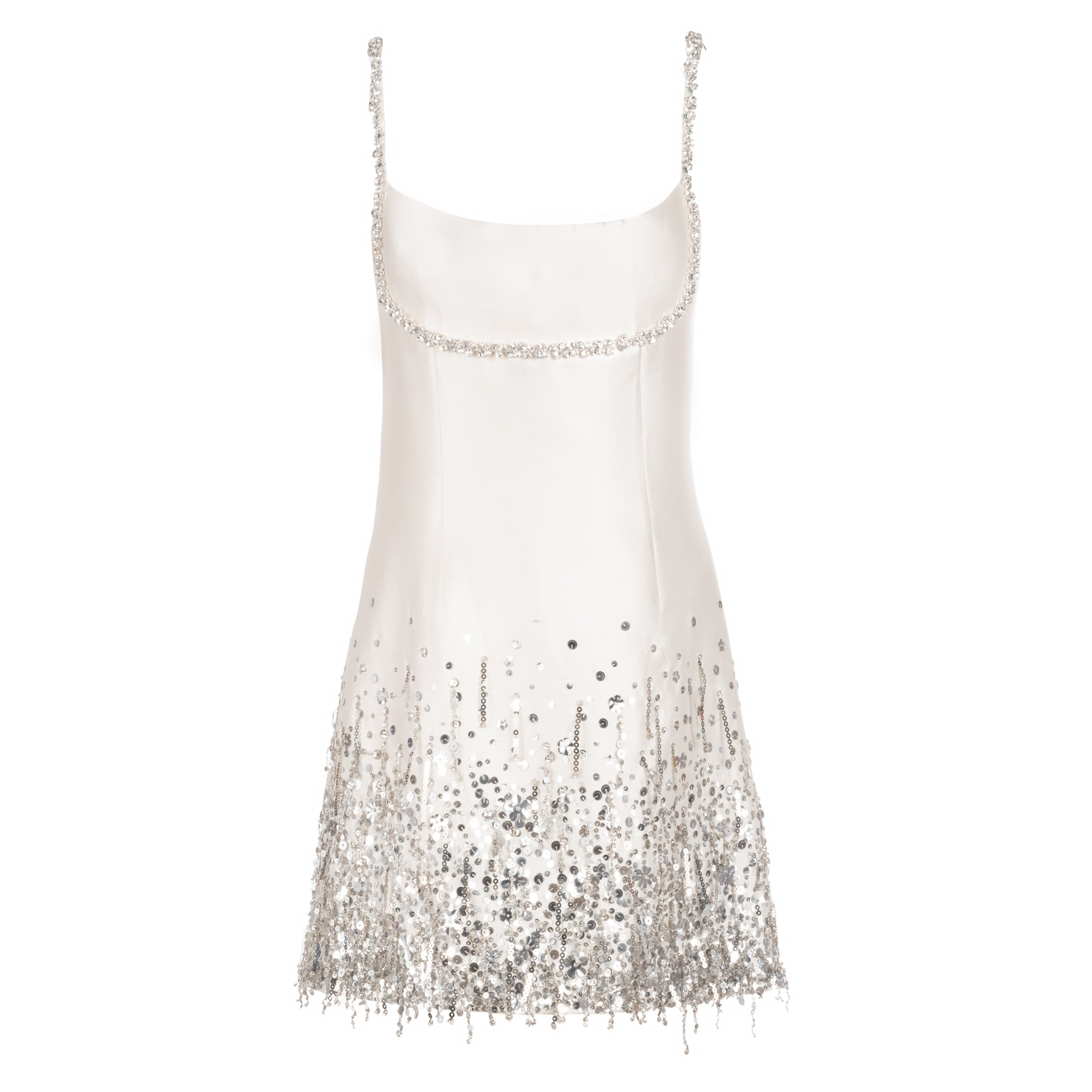 Alexandra Pijut Stella Dress in ivory silk wool with silver fringe and beading. Bridal, bride, after party, rehearsal dinner outfit.