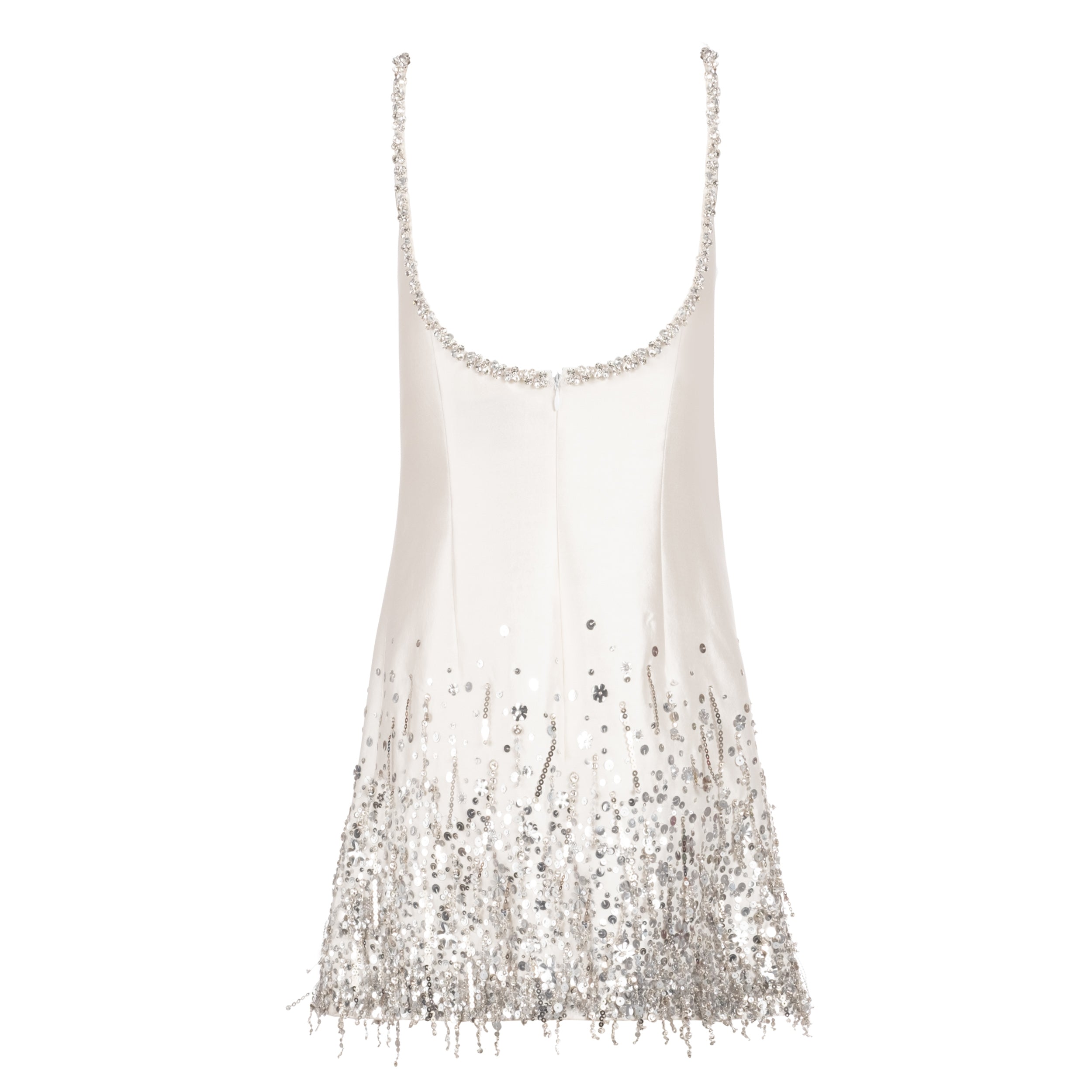 Alexandra Pijut Stella Dress in ivory silk wool with silver fringe and beading. Bridal, bride, after party, rehearsal dinner outfit.