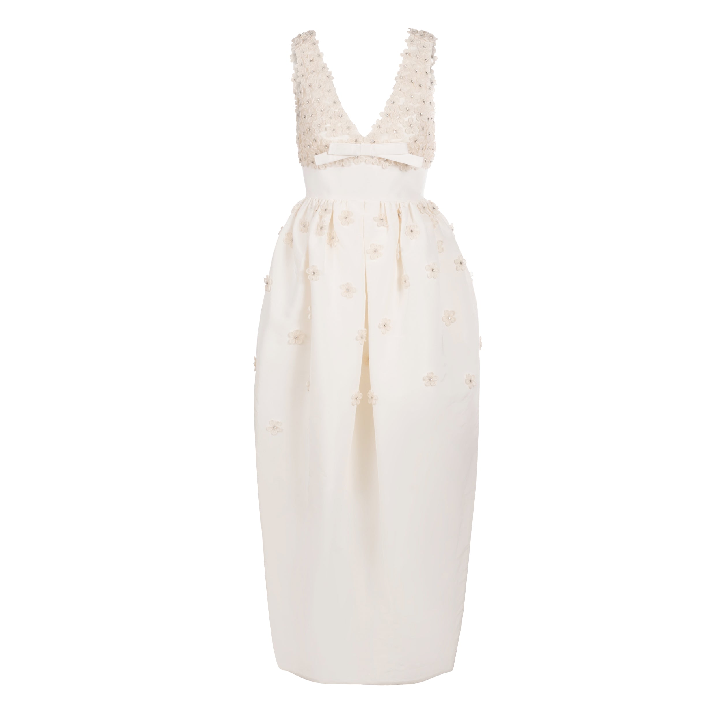 Alexandra Pijut Rainey Dress in ivory silk faille with bow and flower beading. Wedding dress, bridal, bride, rehearsal dinner, after party outfit. Ankle length.